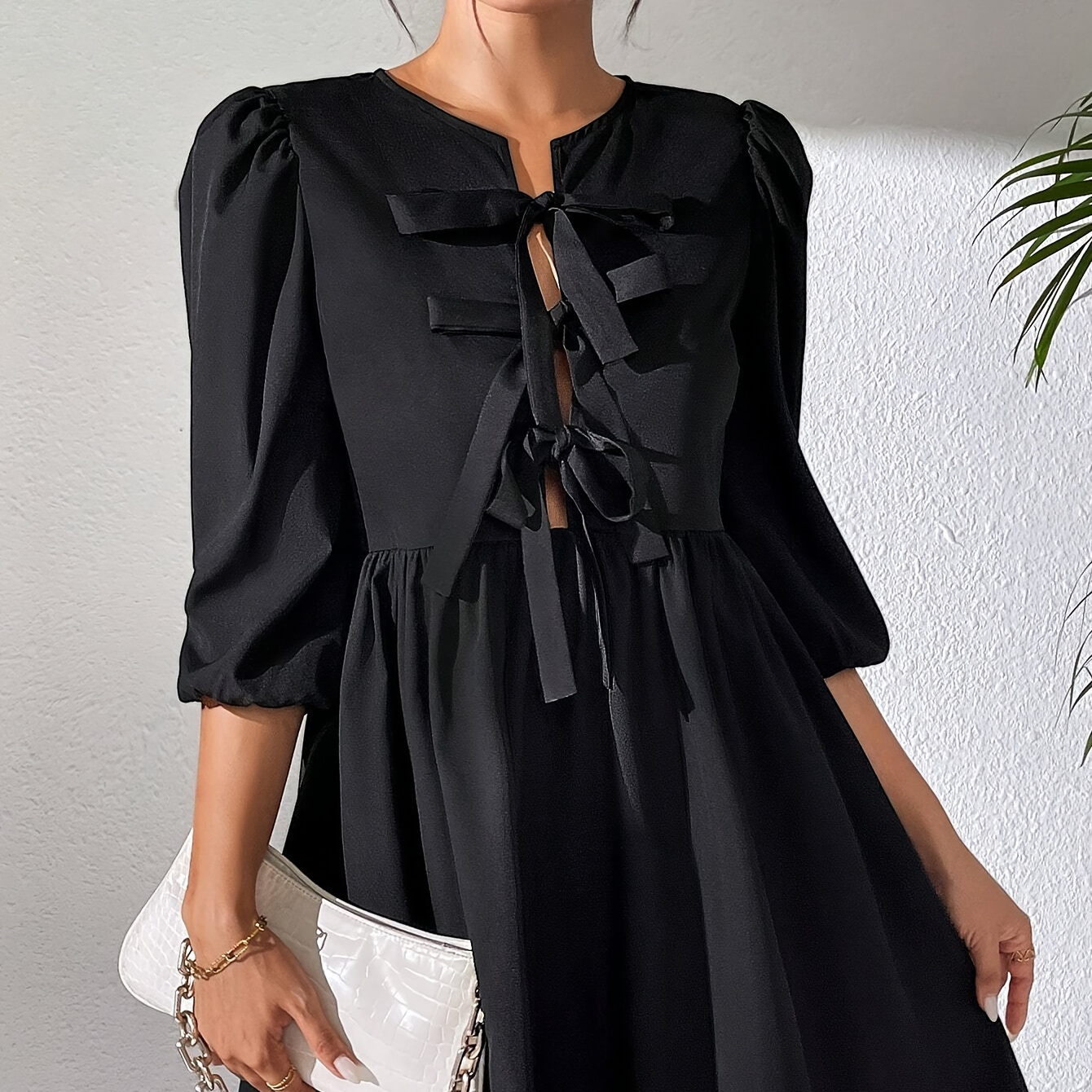 

Elegant Polyester A- Dress With Lace-up Detail And Lantern Sleeves - Crew Neck, -quarter Length, Solid Color For Spring/fall