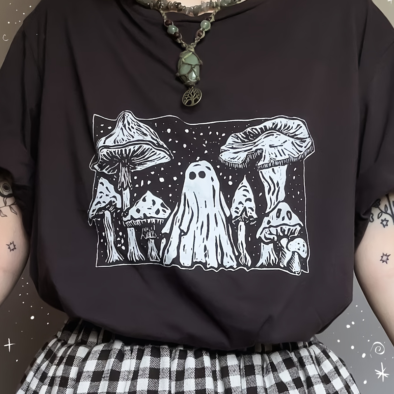 

Mushroom Print Crew Neck T-shirt, Casual Short Sleeve Top For Spring & Summer, Women's Clothing