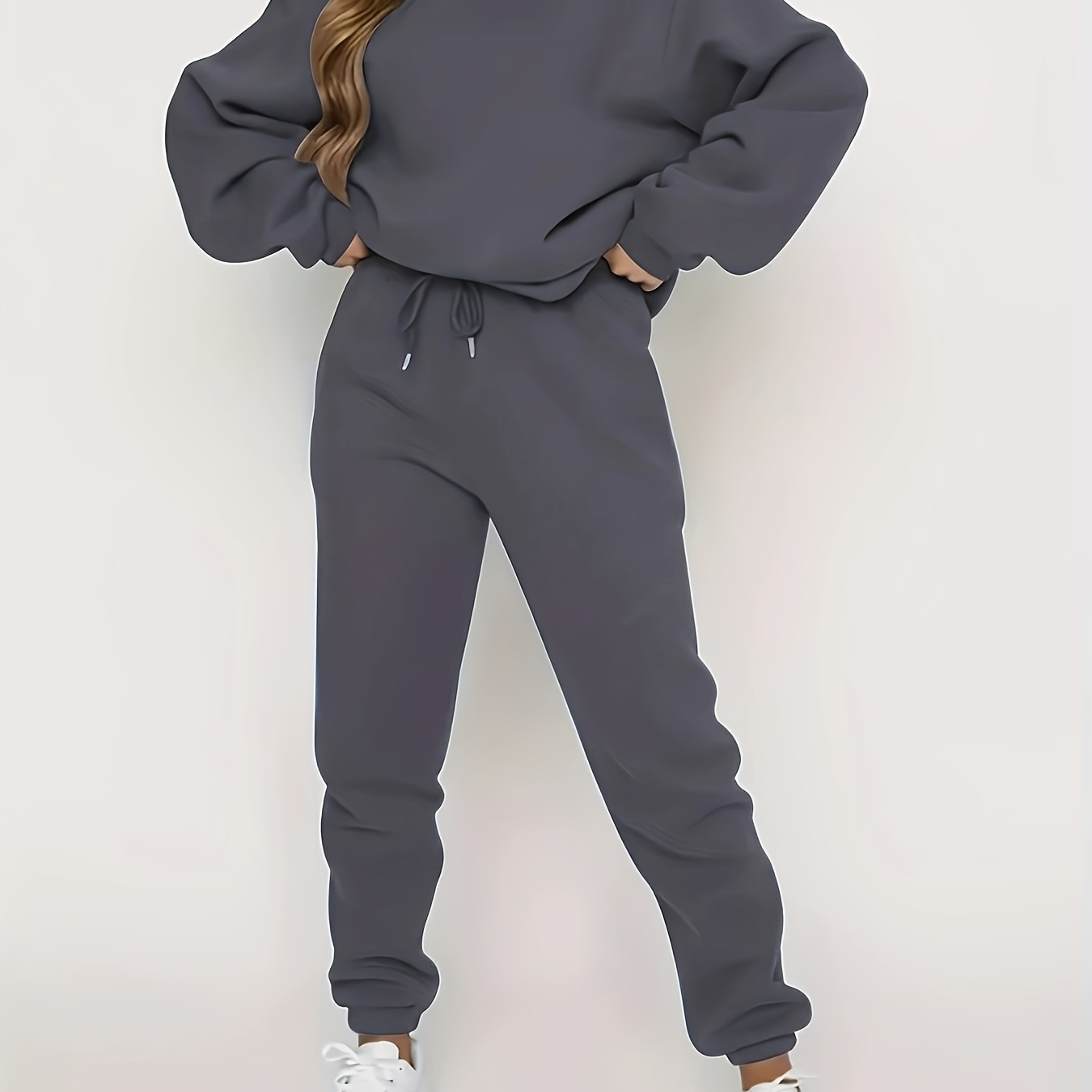 

Solid Color Two-piece Suit, Casual Long Sleeve Sweatshirt And Drawstring Jogging Pants Suit, Women's Wear