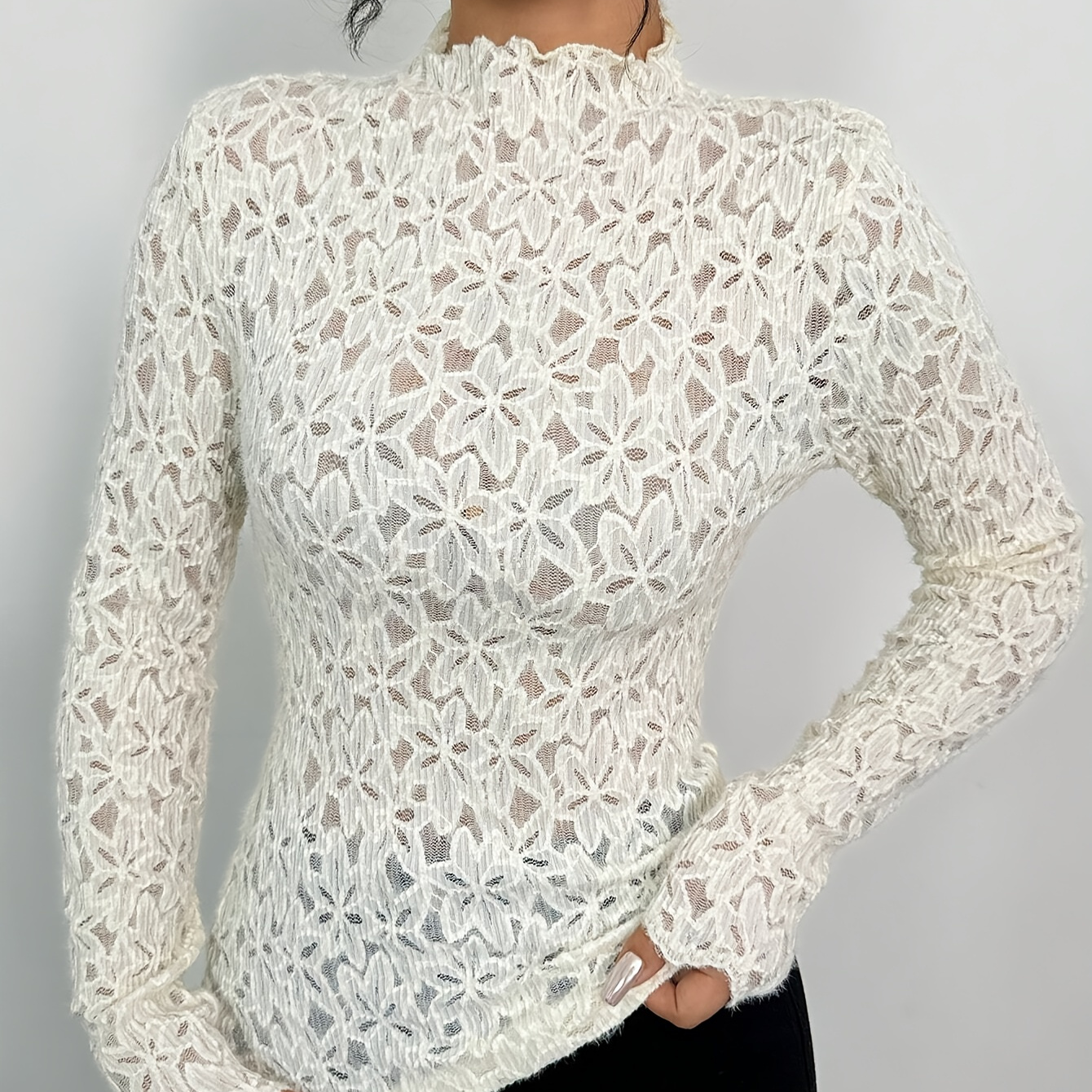 

Elegant Floral Mock Neck Long Sleeve Blouse For Women - Breathable Polyester, Spring & Fall, High Collar, Floral Pattern, Women's Blouse, Fashion