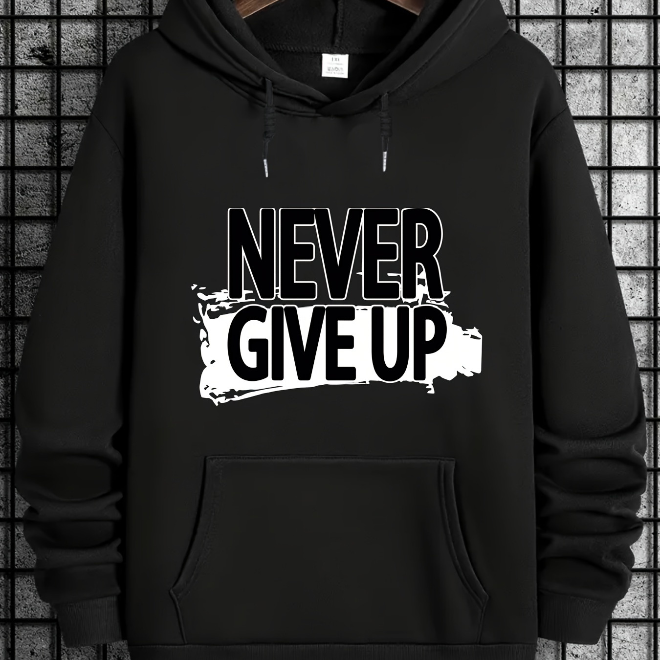 

Never Give Up Print Men's Pullover Round Neck Hoodies With Kangaroo Pocket & Drawstring Long Sleeve Hooded Sweatshirt Loose Casual Top For Autumn Winter Men's Clothing As Holiday Gifts