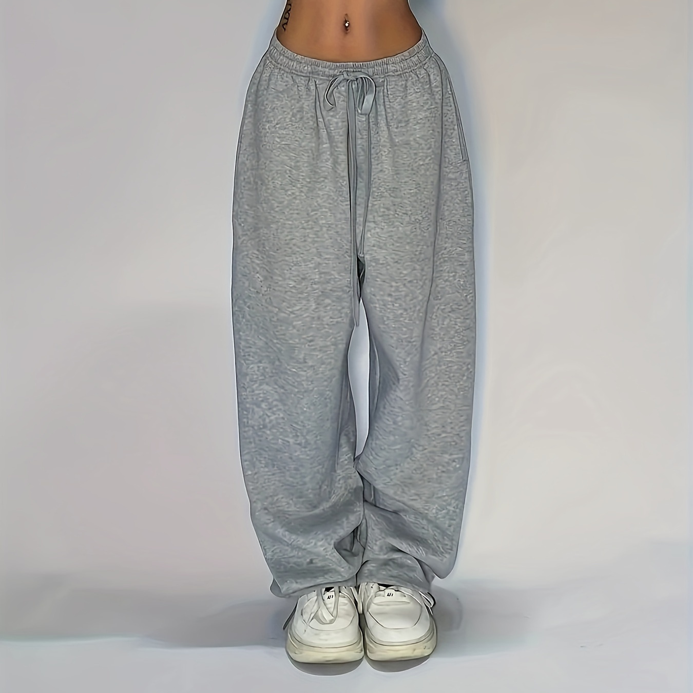 

Solid Color Drawstring Sweatpants, Y2k Wide Leg Pants For Spring & Fall, Women's Clothing