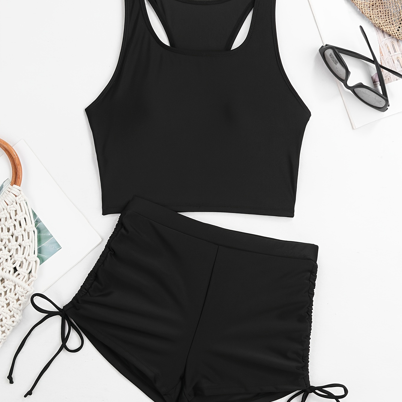 

Plain Black Racer Back 2 Piece Set Bikini, Drawstring High Stretch , Women's Swimwear & Clothing