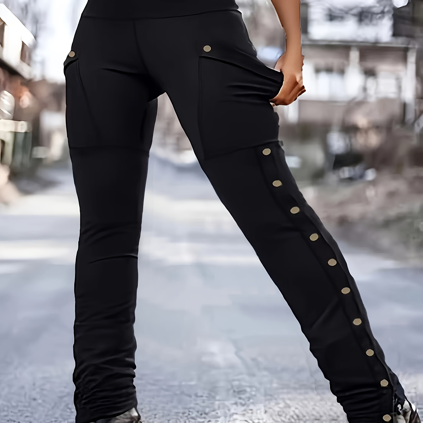 

Women's High-waist Tummy Control Slimming Leggings - Stretchy & Comfortable, Solid Color, Casual Skinny Pants With Button Detail, Fall/winter - Machine Washable, Polyester/spandex