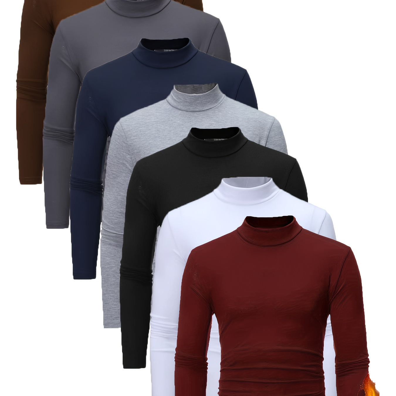 

7-pack Men's Fleece-lined Turtleneck Shirts, Polyester Knit Pullovers, Solid Color Long Sleeve High Neck Tees For Daily & Casual Fall/winter Wear