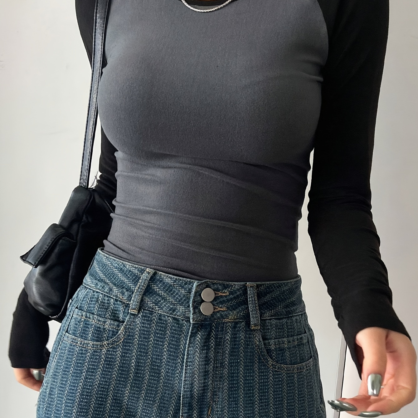 

Raglan Sleeve Slim T-shirt, Elegant Casual Color Block Crew Neck Top For Spring & Fall, Women's Clothing