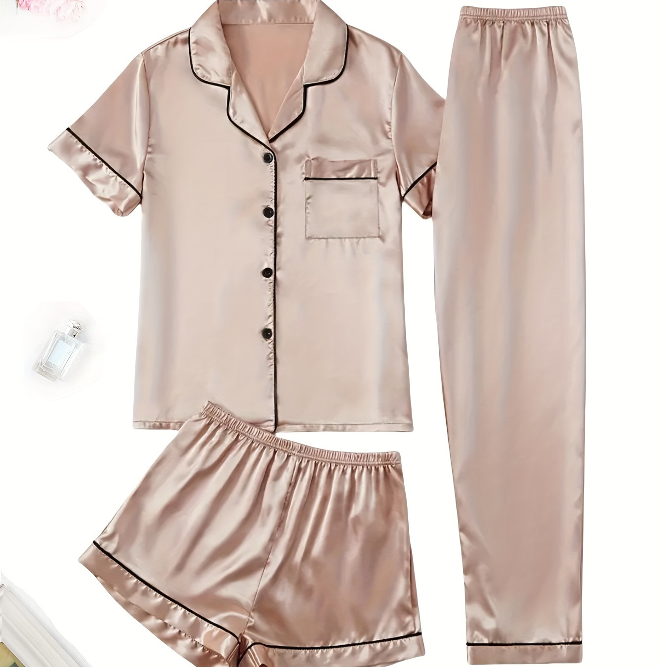 

Women's Satin Pajama Set With Short Sleeve Shirt, Pocket Detail, Lapel Collar, And Solid - Includes 1 Shirt And 2 Pants, 97% Polyester 3% Elastane, , Comfort - Woven Adult Sleepwear