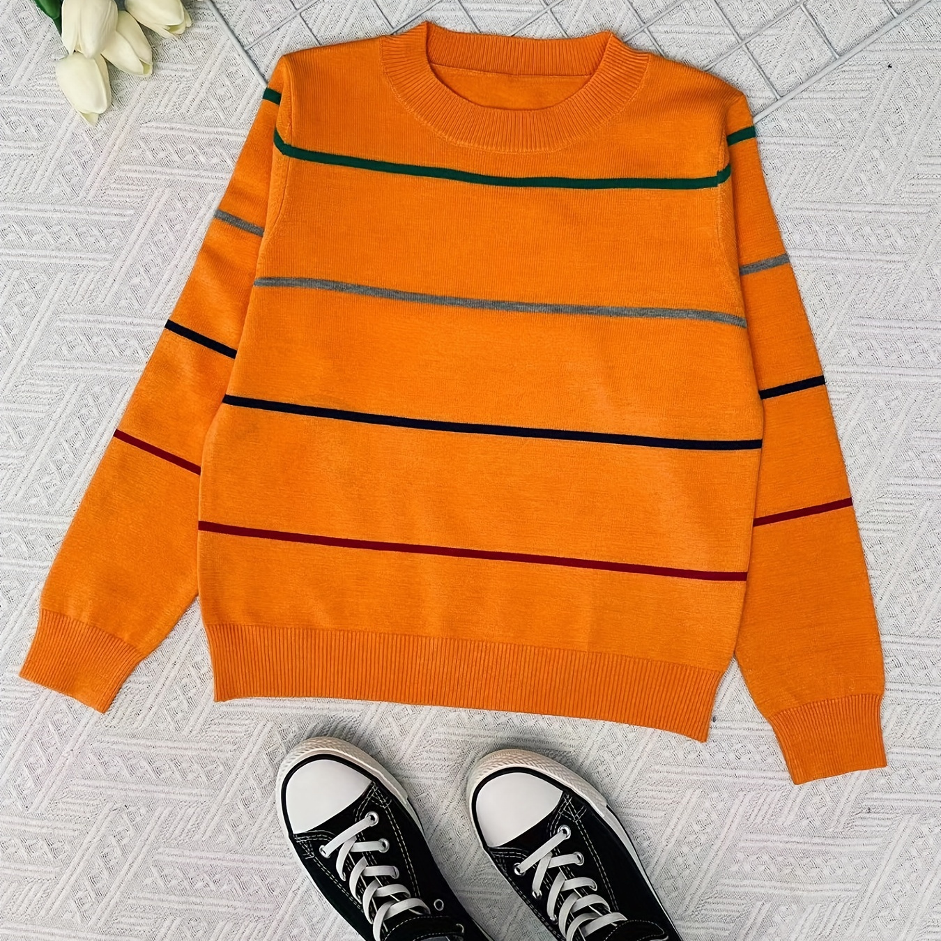 

Boys Striped Color Block Sweater Round Neck Long Sleeve Stretch Warm Knit Pullover Top Clothes Outdoor