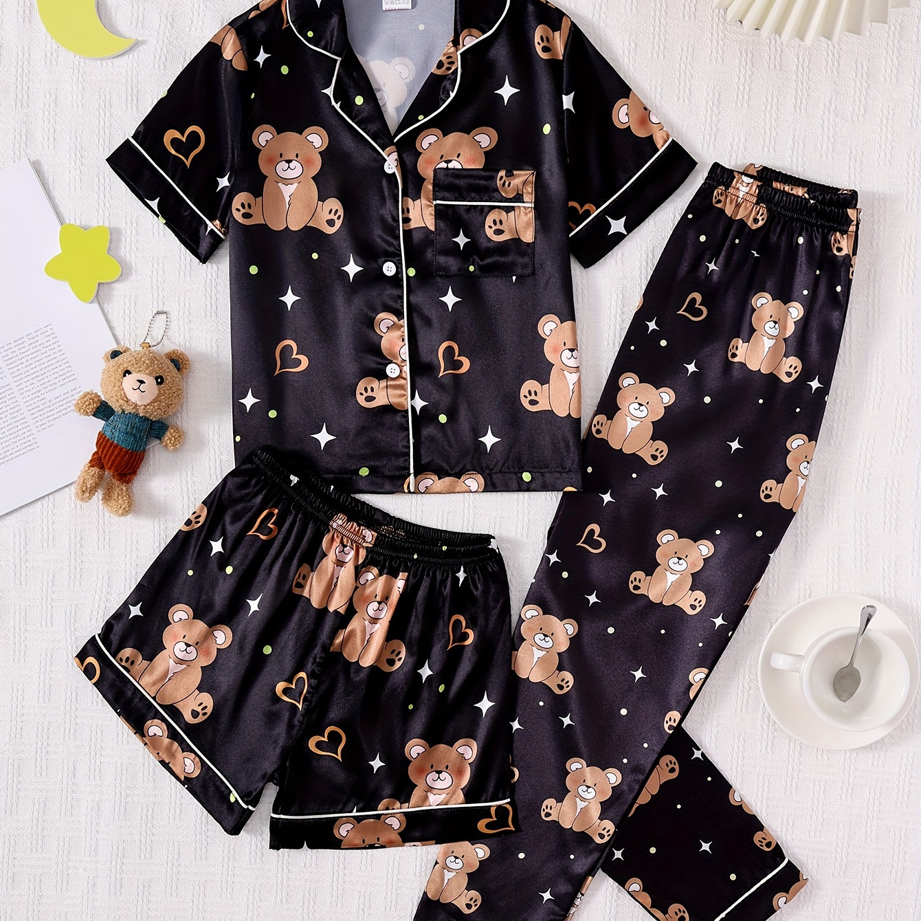 

3 Pcs Girl's Cute Brown Bear Print Suit Collar Short Sleeve Shirts & Shorts & Long Pants Pajama Set, Comfortable & Skin-friendly Style Princess Pajamas For Girl's Cozy Loungewear