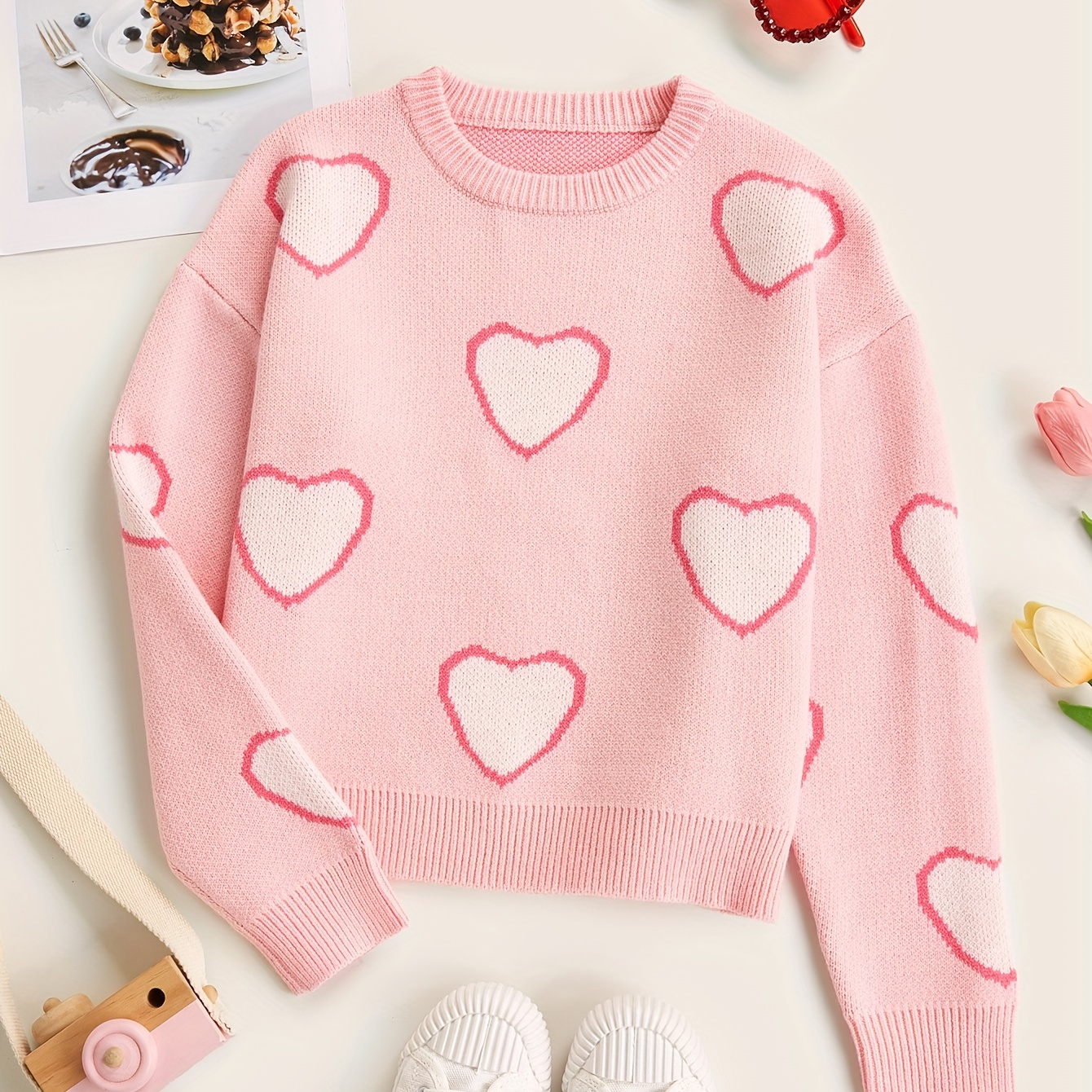 

Cute Hearts Pattern Girls Pullover Knitted Sweater, Comfy Warm Casual Round Neck Jumper Tops, Valentine's Day Gift Idea