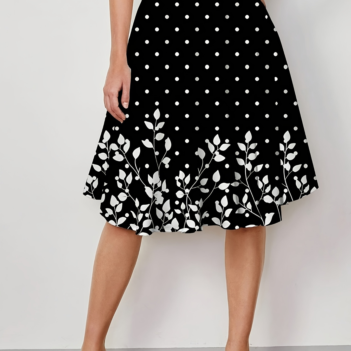 

Print Polka Dot Floral Print A-line Midi Skirt With Waist, Woven Polyester - Machine Washable, Floral Print, Knee-length