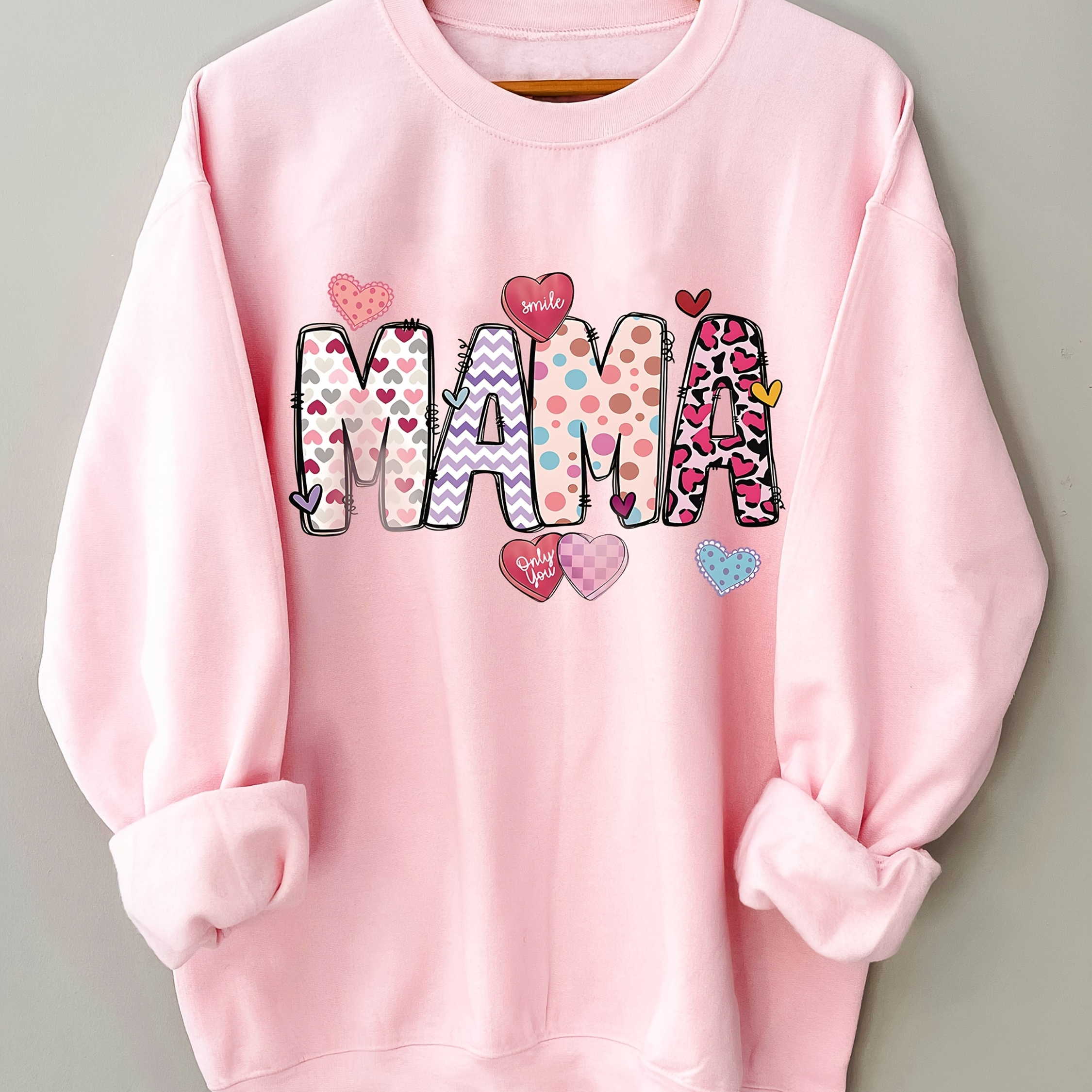 

Cozy Pink "mama" Heart Neck Sweatshirt For Women - Floral & Leopard , Soft Polyester Knit, Fall & Winter Casual Wear