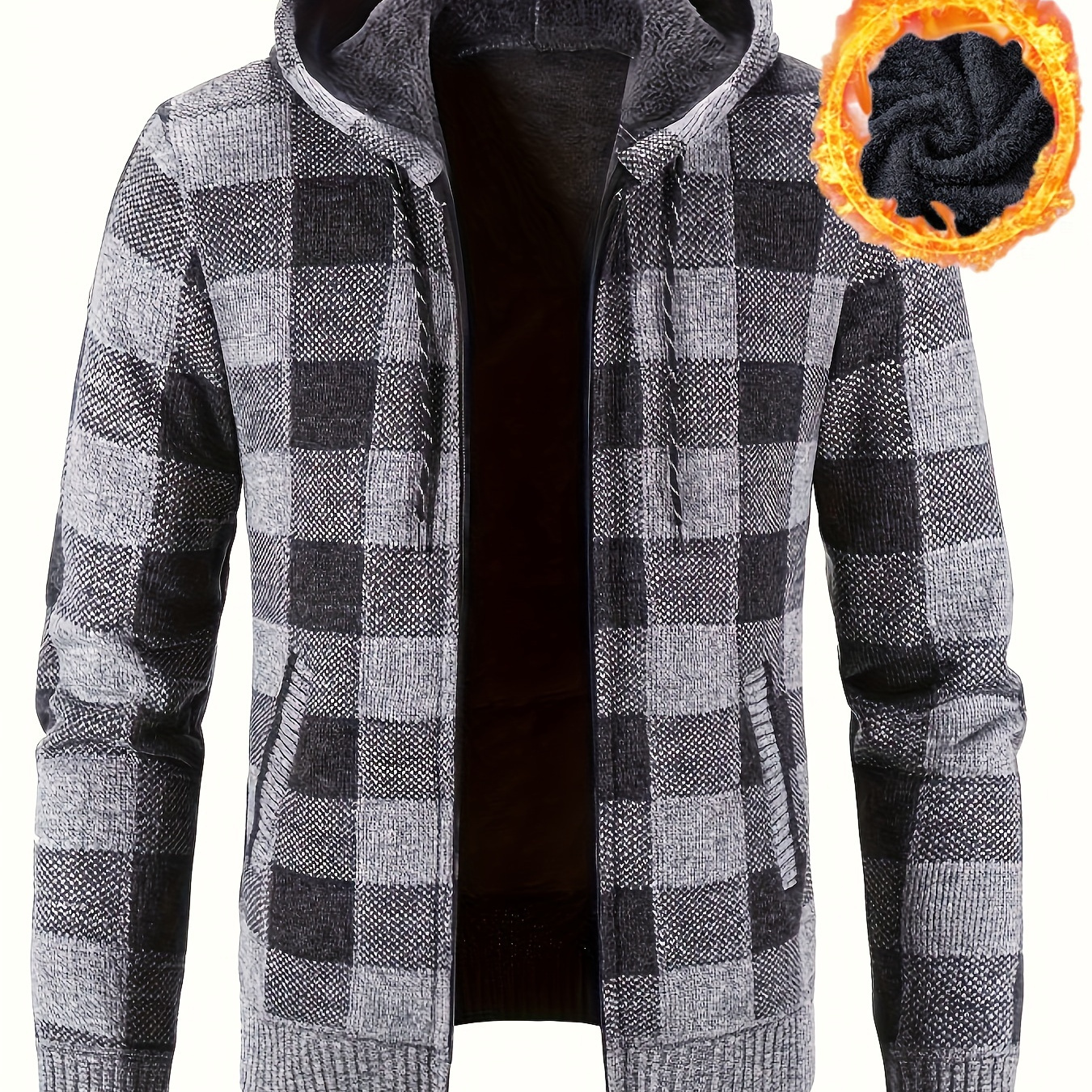 

Men's Plush-lined Fleece Hooded Cardigan - Warm & Gingham Sweater With Zipper Front For Autumn/winter, Long Sleeve, Polyester, Autumn Winter Wear||knitted Texture