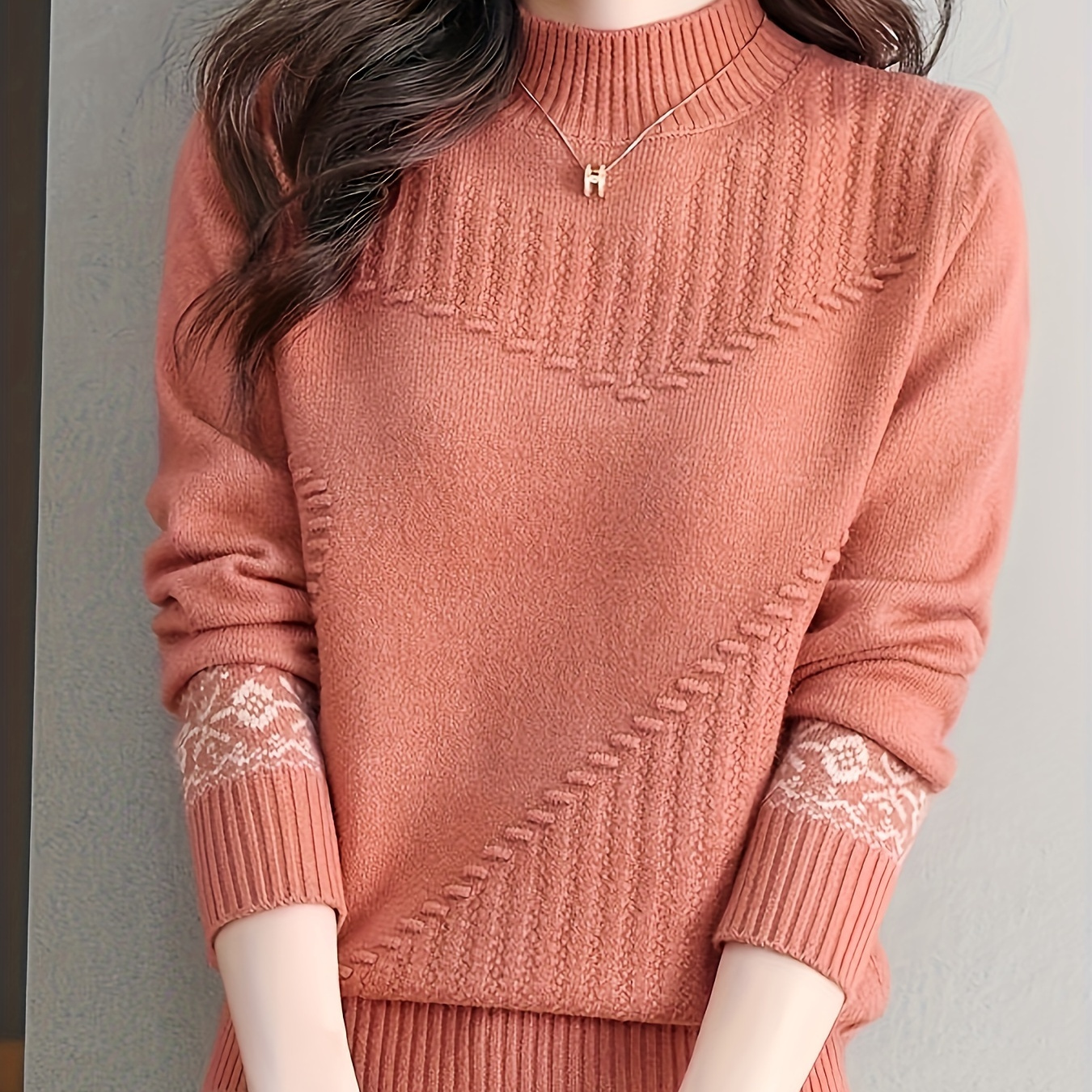 

Women' Turtleneck Sweater - Comfortable Knit Pullover, Autumn/winter , Machine Washable, Polyester 100%, Stand Collar, Solid Color With Geometric Pattern, Detail, 370g/m² Knit Fabric