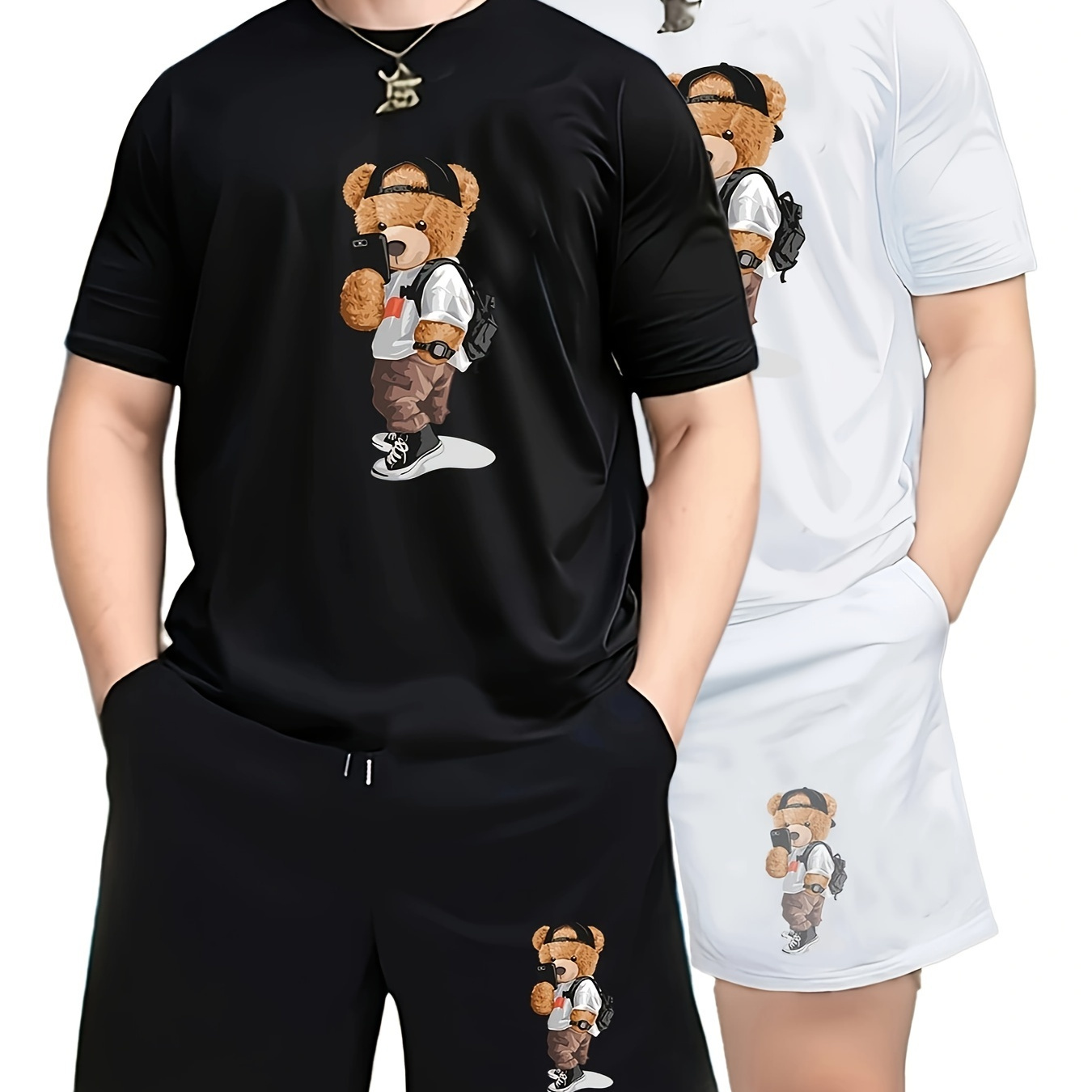 

2 Pieces Cool Bear Cartoon Print Men's 2 Piece Set, Crew Neck Short Sleeve T-shirt & Drawstring Shorts, Casual Comfy Versatile Outfits For Summer, Outdoor Sports