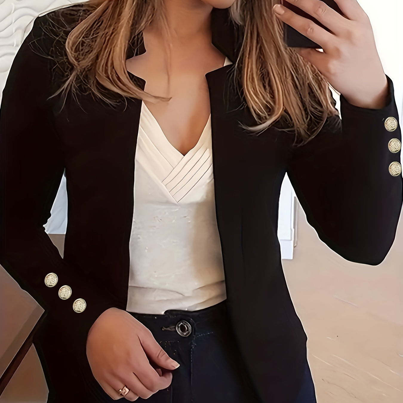 

Solid Open Front Button Decor Blazer, Elegant Long Sleeve Blazer For Office & Work, Women's Clothing