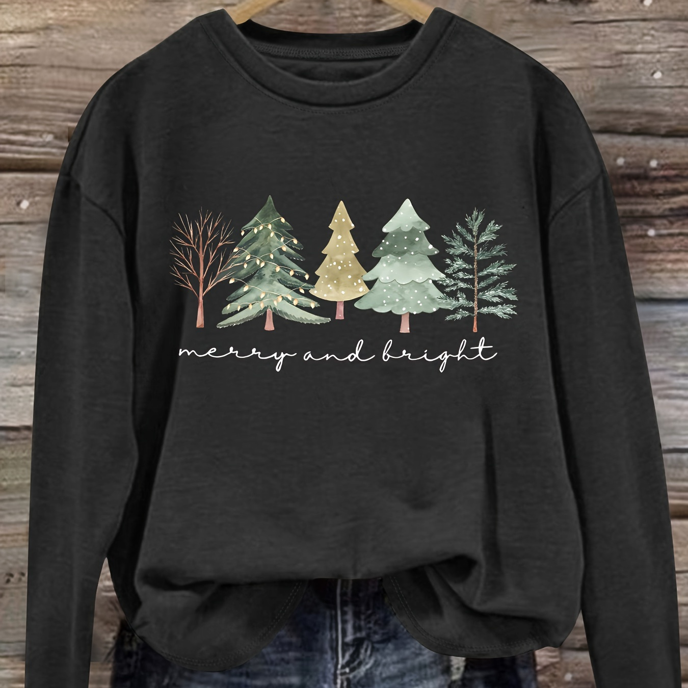 

Christmas Tree Print Crew Neck T-shirt, Casual Long Sleeve Top For Spring & Fall, Women's Clothing