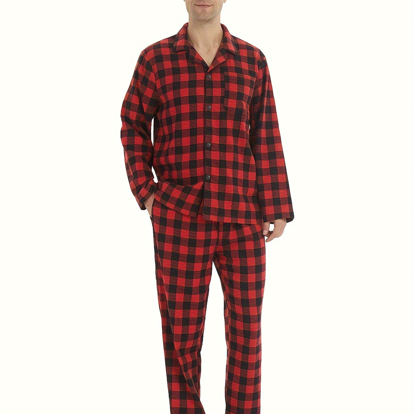 

Men’s Simple Style Casual Pajamas Sets Warm Flannel Lounge Wear, Plaid Long Sleeve Lapel Neck Shirt & Loose Pants Home Pajamas Sets, Outdoor Sets For Autumn And Winter