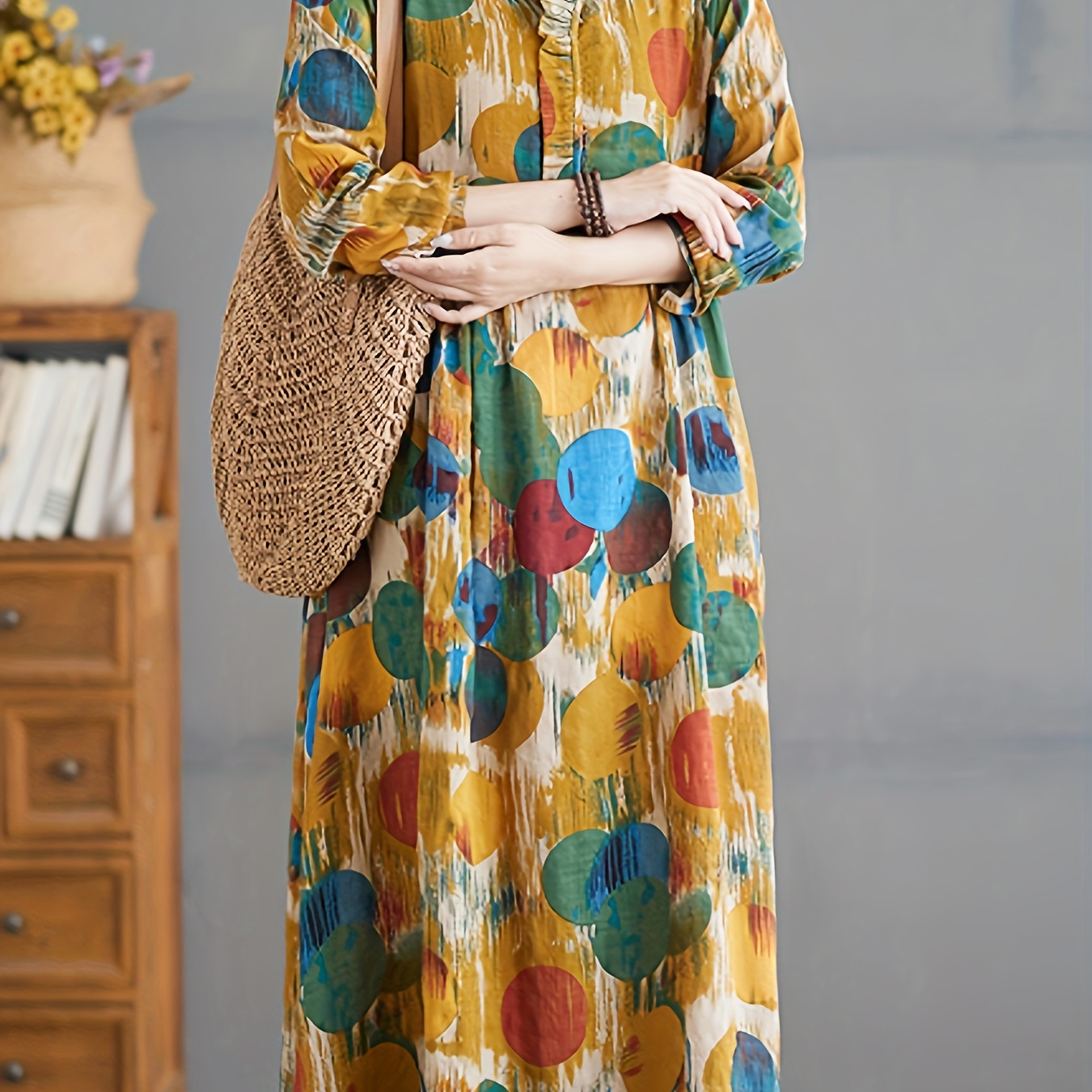 

Robe Élégante à Imprimé Floral à Manches Longues, Tissu Tissé .00% Viscose, Coupe Toutes et Évasée avec Poches, Style Col Cardigan pour Adultes