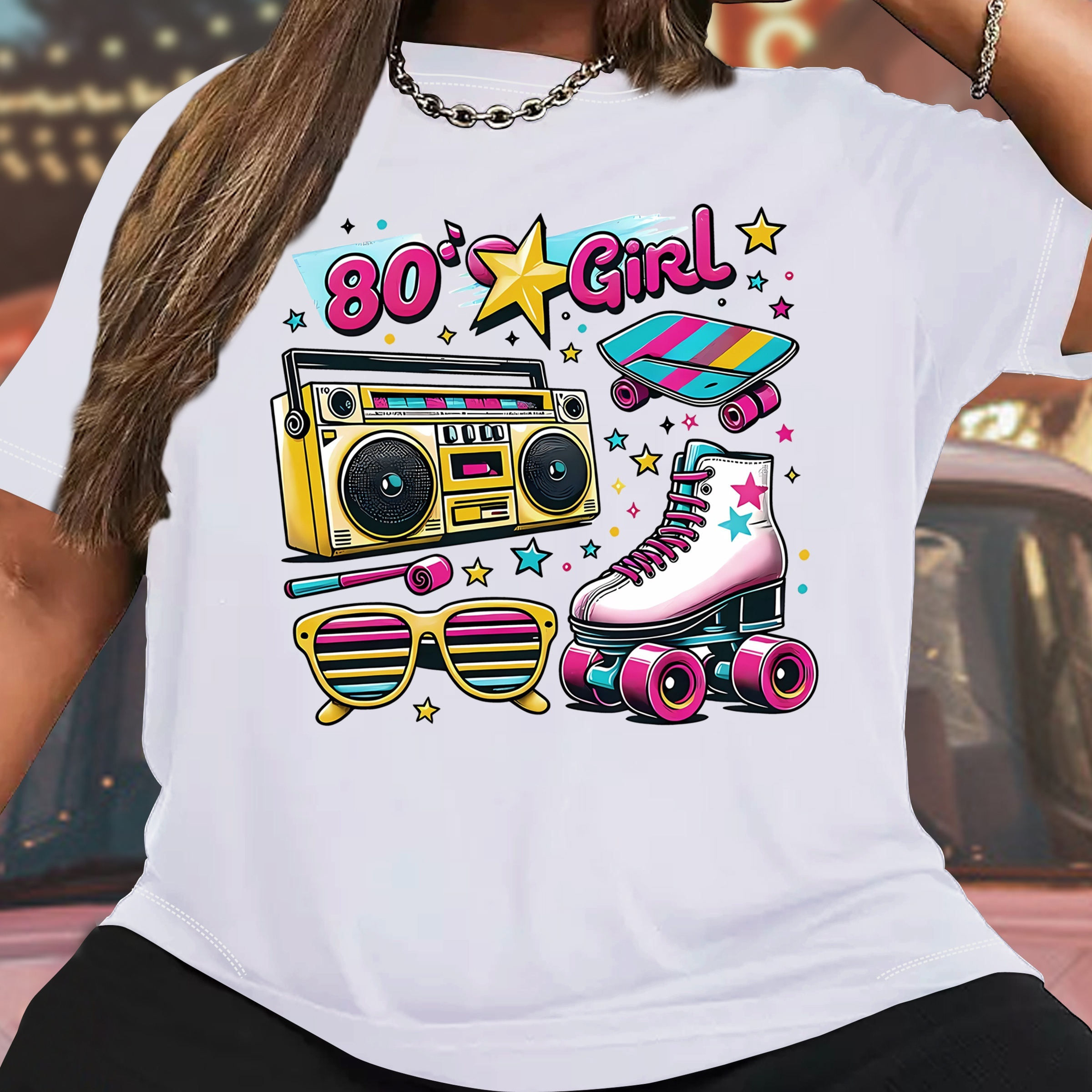 

Plus Size Casual Sporty Women's Colorful Retro 80's Skateboard Boombox Print, Fashion Casual Crew Neck Short Sleeve T-shirt