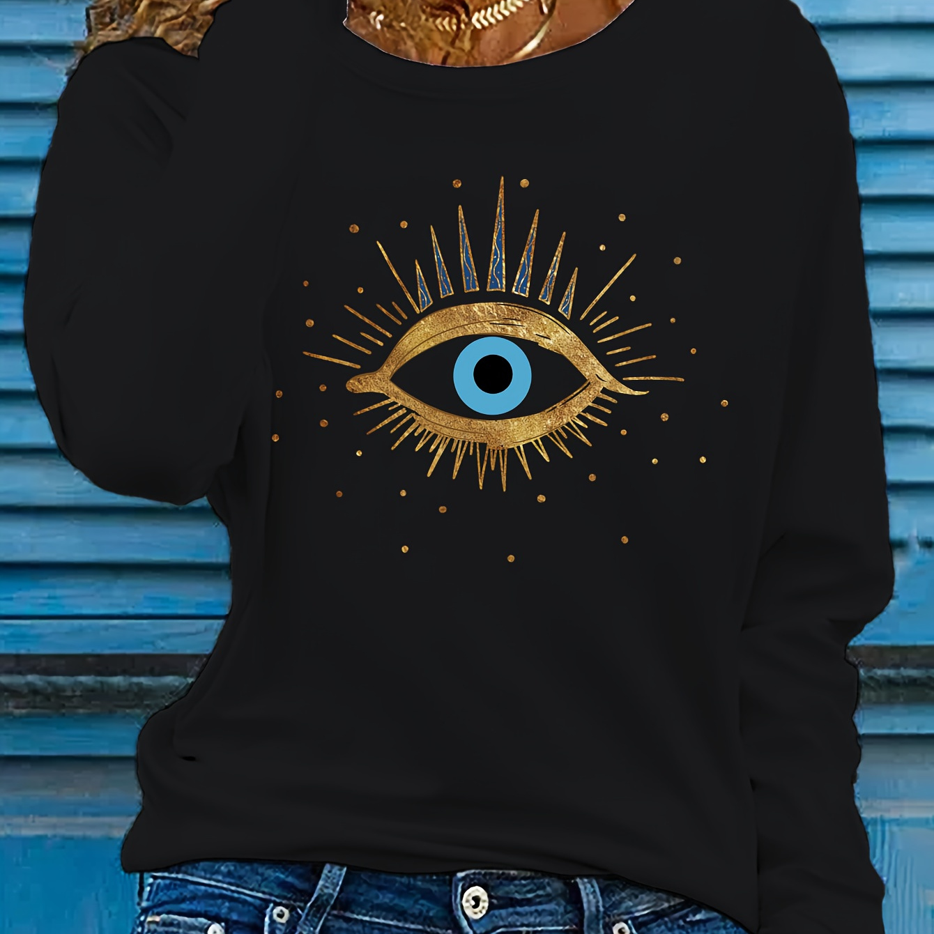 

Eye Print T-shirt, Long Sleeve Crew Neck Casual Top For Spring & Fall, Women's Clothing