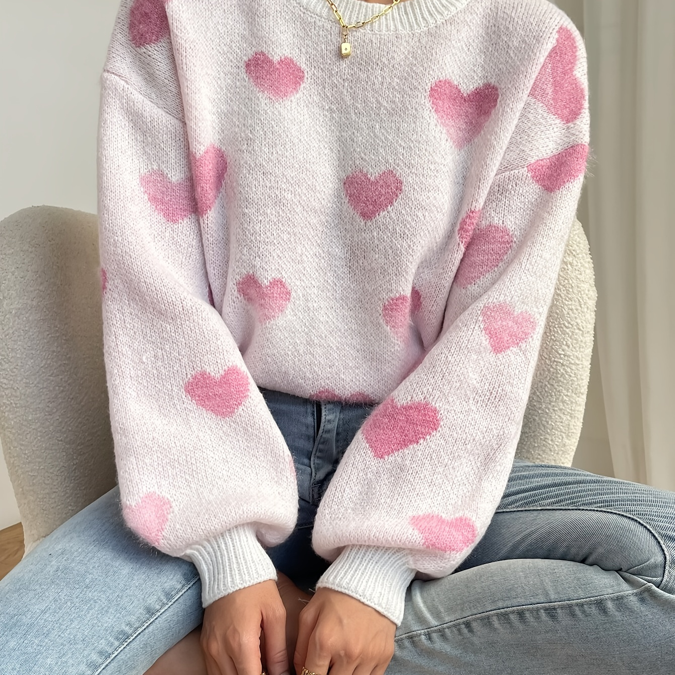 

Hearts Neck Pullover Sweater, Casual Drop Shoulder Long Sleeve Knitted Sweater For Fall & Spring, Women's Clothing