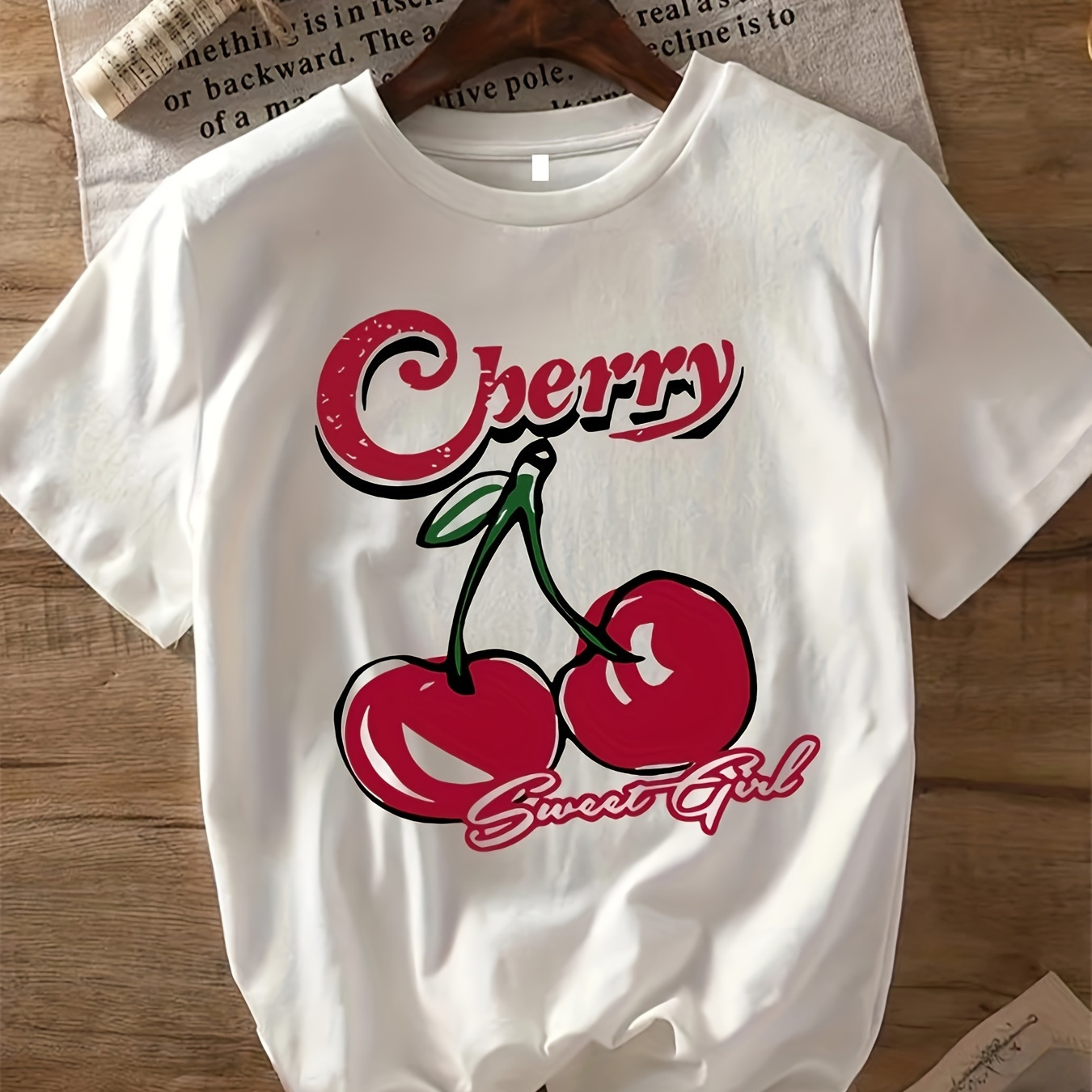 

Cherry Print T-shirt, Short Sleeve Crew Neck Casual Top For Summer & Spring, Women's Clothing