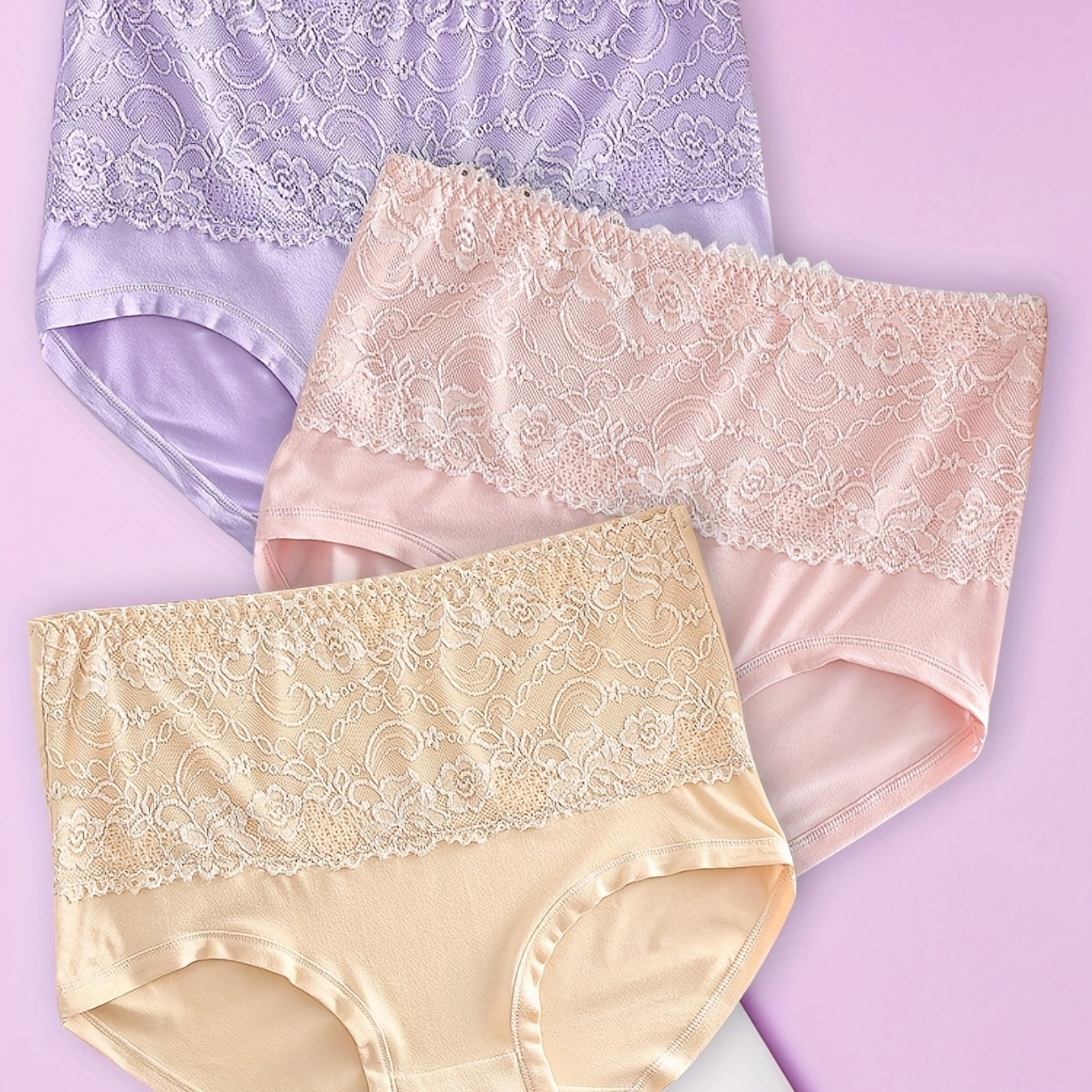 

3 Pack Plus Size Elegant Panties Set, Women's Plus Contrast Lace Super Soft High Waisted Briefs 3pcs Set