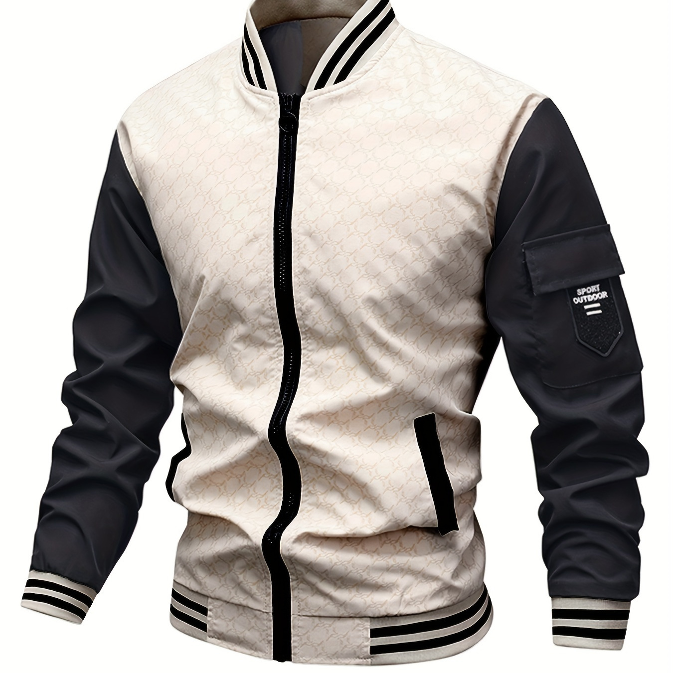 

Men's Color Block Multi Pocket Bomber Jacket, Casual Stand Collar Zip Up Jacket For Spring Fall