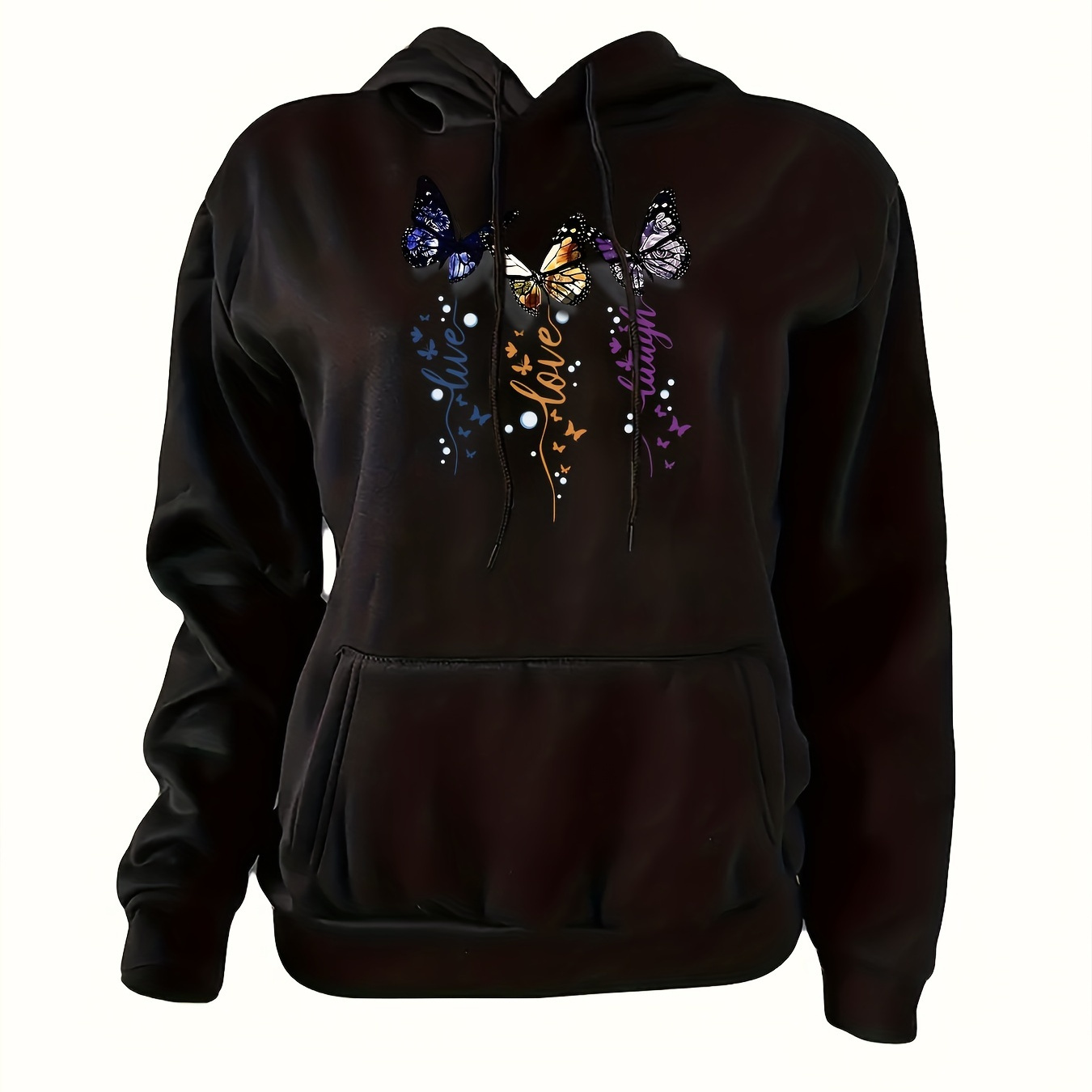 

Butterfly Print Hoodie, Casual Long Sleeve Kangaroo Pocket Drawstring Hooded Sweatshirt, Women's Clothing