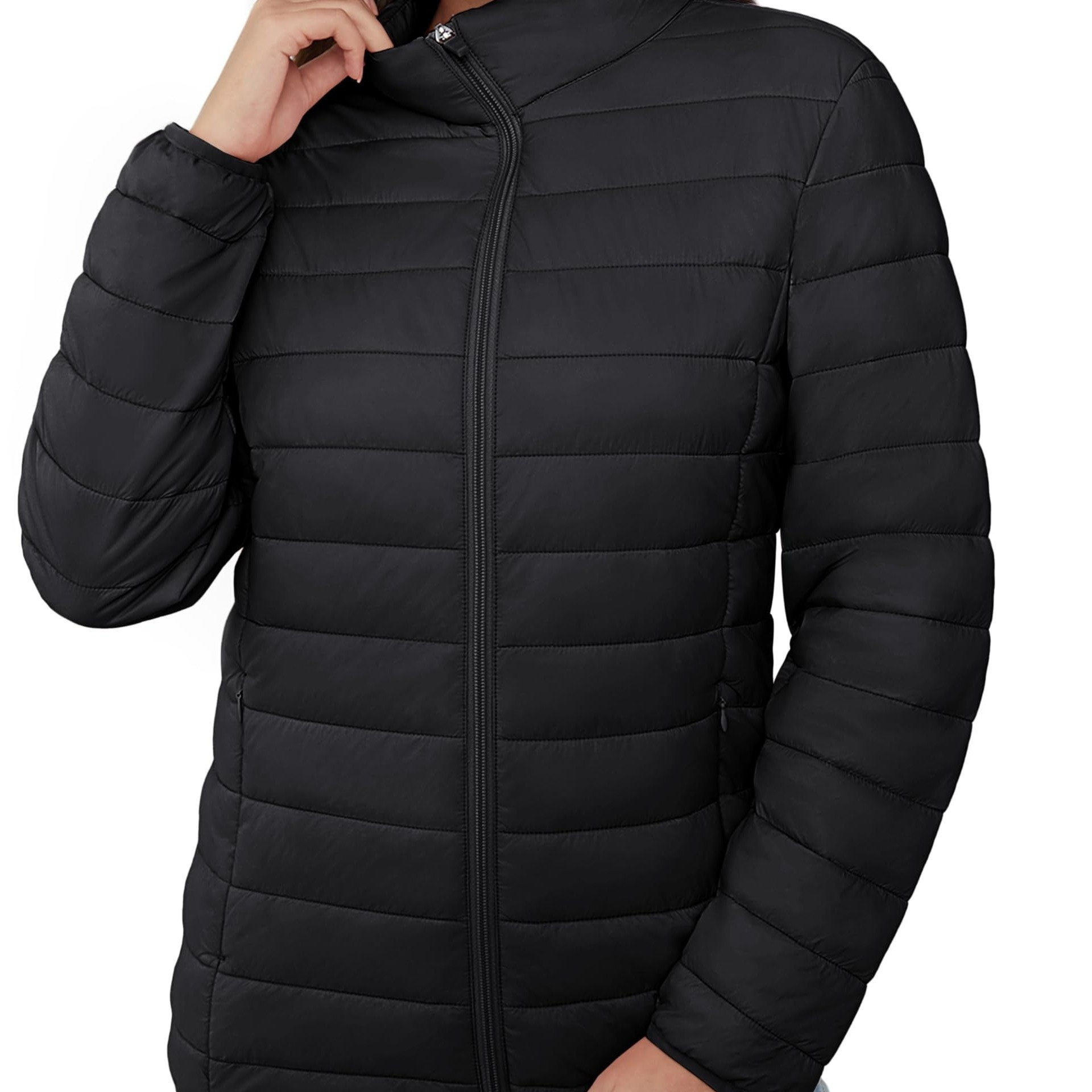 

Zip Up Lightweight Quilted Puffer Coat, Casual Long Sleeve Warm Outerwear For Fall & Winter, Women's Clothing