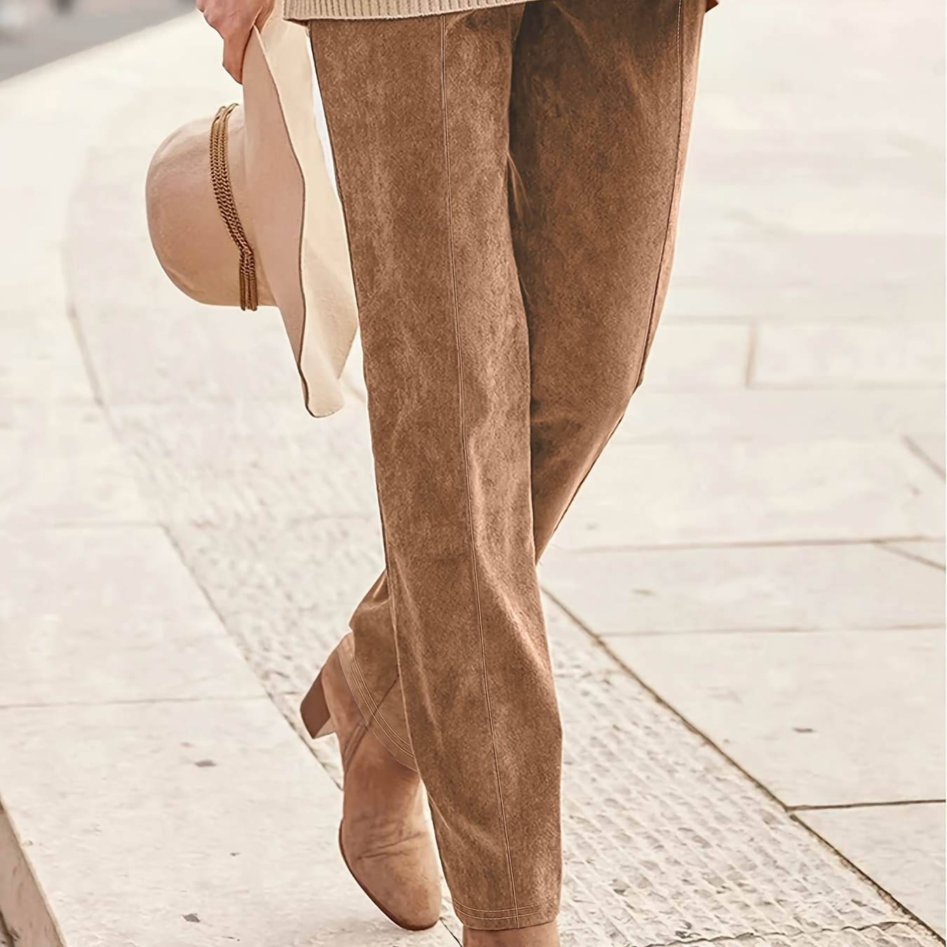 

Elegant Suede- Straight-leg Pants For Women - Casual Solid Color, Stretchy Polyester , Machine Washable - Fall/winter