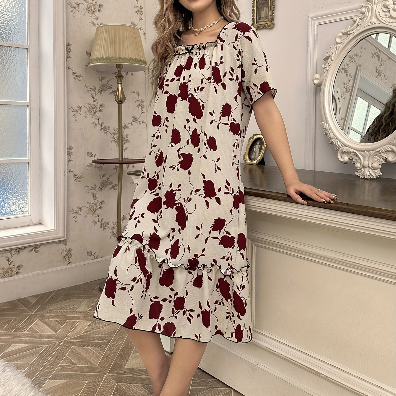 

Women's Floral Print Elegant Ruffle Trim Sleepwear Dress, Short Sleeve Round Neck Loose Fit Midi Dress, Comfortable Nightgown