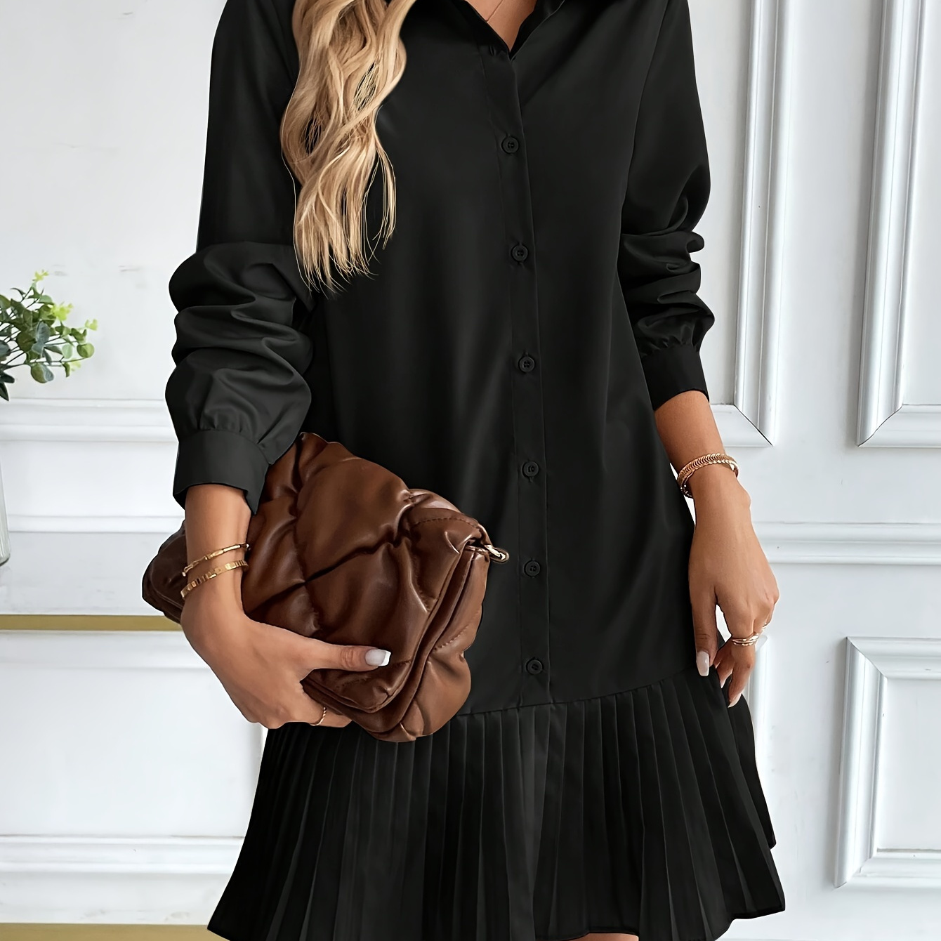 

Elegant Women' Pleated Midi Dress With Button Detail - Casual Long Sleeve, Polyester , Machine Washable, Ideal For Spring/fall