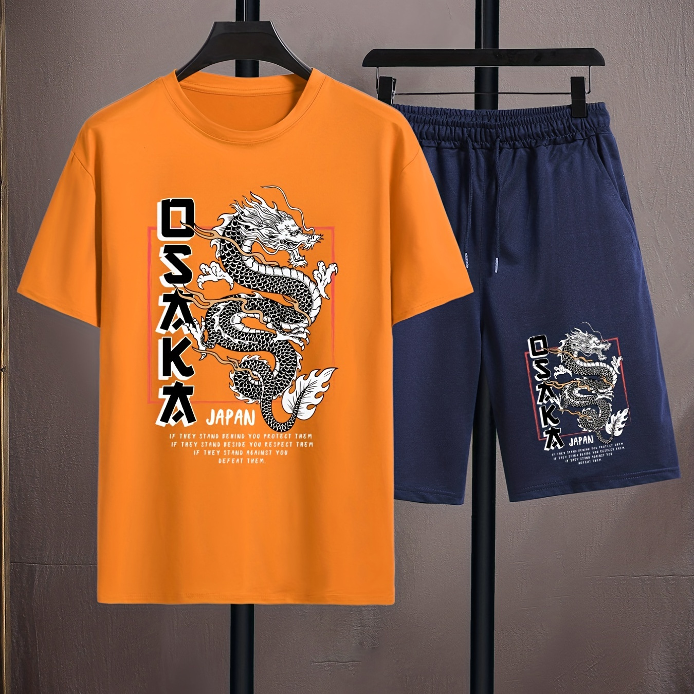 

Dragon Print, Men's 2pcs, Casual T-shirt And Loose Drawstring Shorts For Running, Training