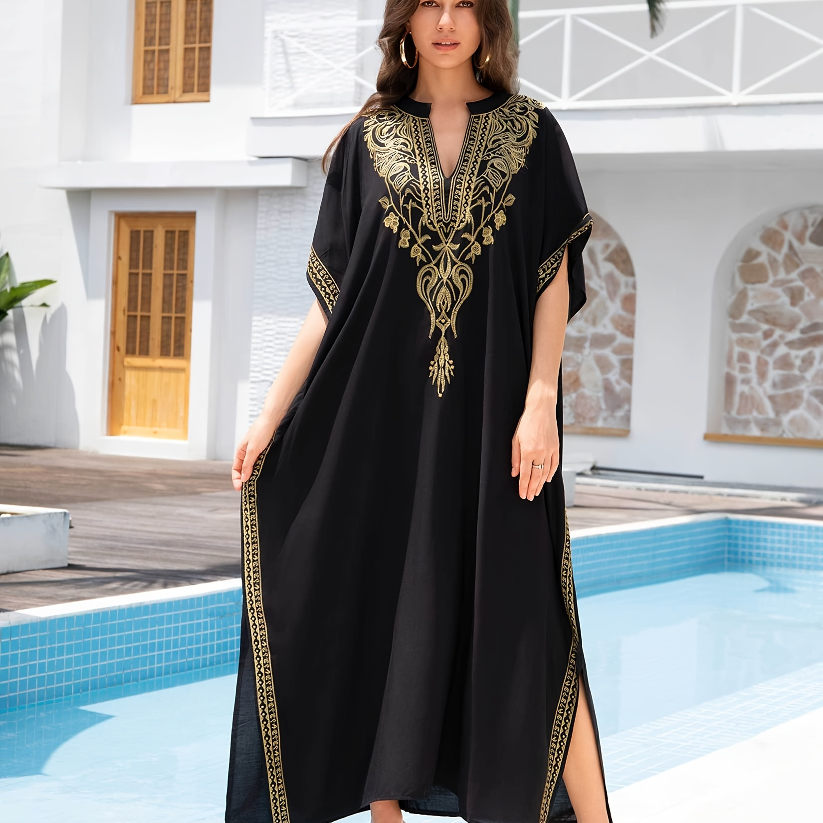 

1pc Edolynsa Women's Plus Size Casual V-neck Batwing Sleeve Embroidered Kaftan Dress, Viscose Floral Print Long Robe With Side Slits, H-line Summer Beachwear Q1735