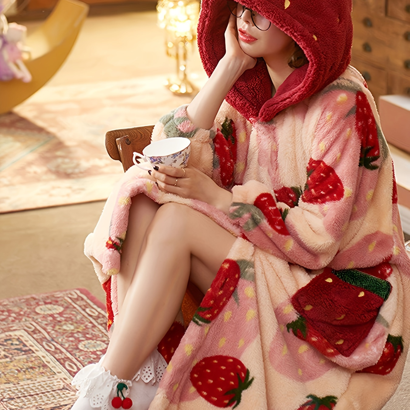 

Strawberry Pattern Hooded Lounge Robe, Long Sleeve Buttons Fuzzy Lounge Robe With Pockets, Women's Loungewear & Sleepwear