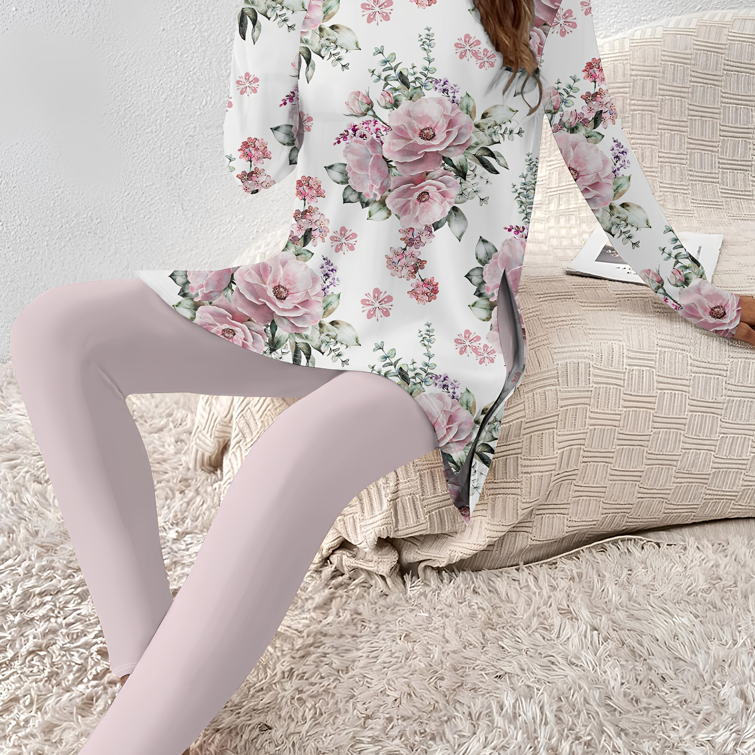 

Women's Floral Print Long Sleeve Top & Leggings Set - Cozy Polyester, Round Neck With Side Slit, Spring/fall - Style Vacation Outfit