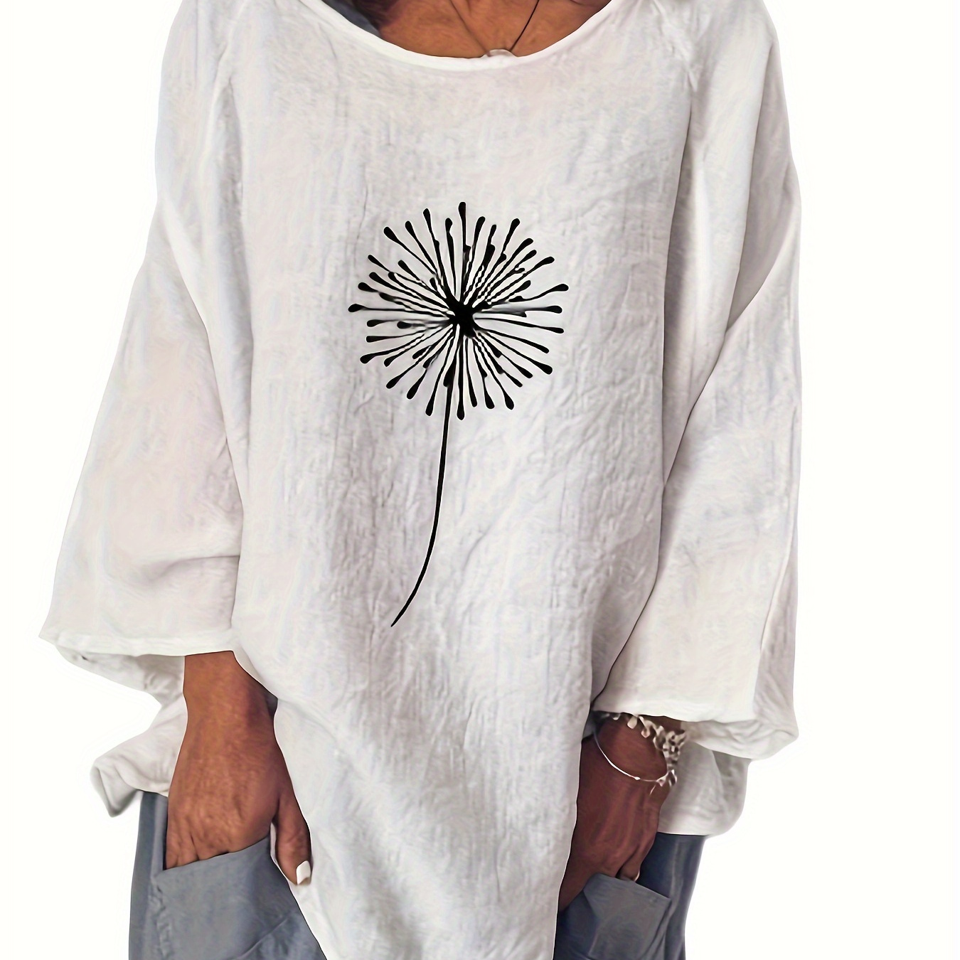 

Dandelion Print Crew Neck Blouse, Vintage Drop Shoulder Loose Blouse For Spring & Fall, Women's Clothing
