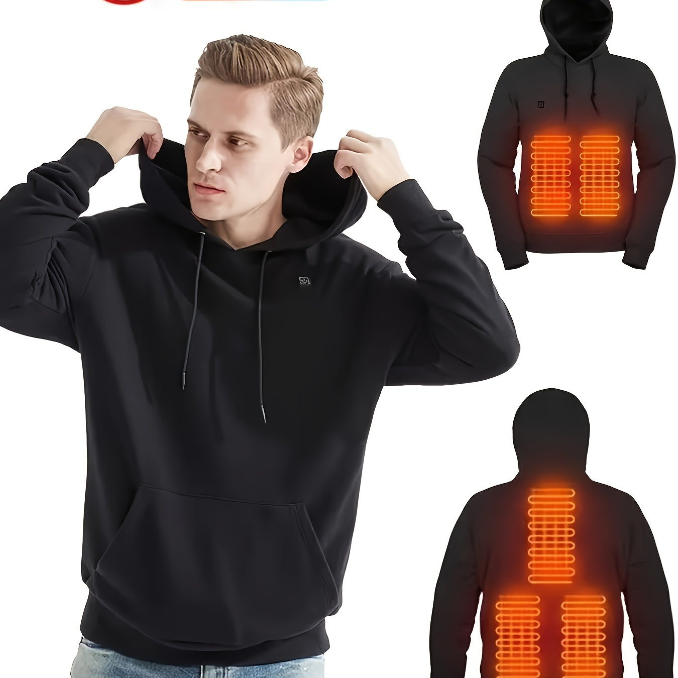 

Men's Loose Solid Heating Hoodie With Kangaroo Pocket, Active Long Sleeve Intelligent Electric Hooded Sweatshirt For Winter Outdoor Power Bank Is Not Included