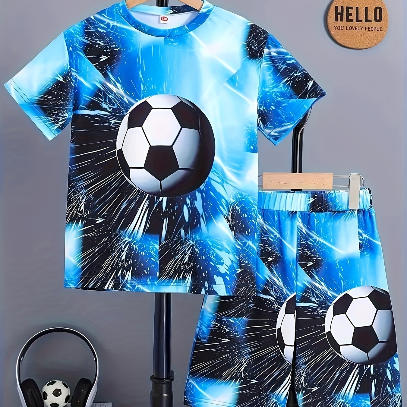 

2-piece Boys Casual Summer Outfit Set, Soccer 3d Print Versatile Short Sleeve Tee & Shorts, Comfy Boys Clothes