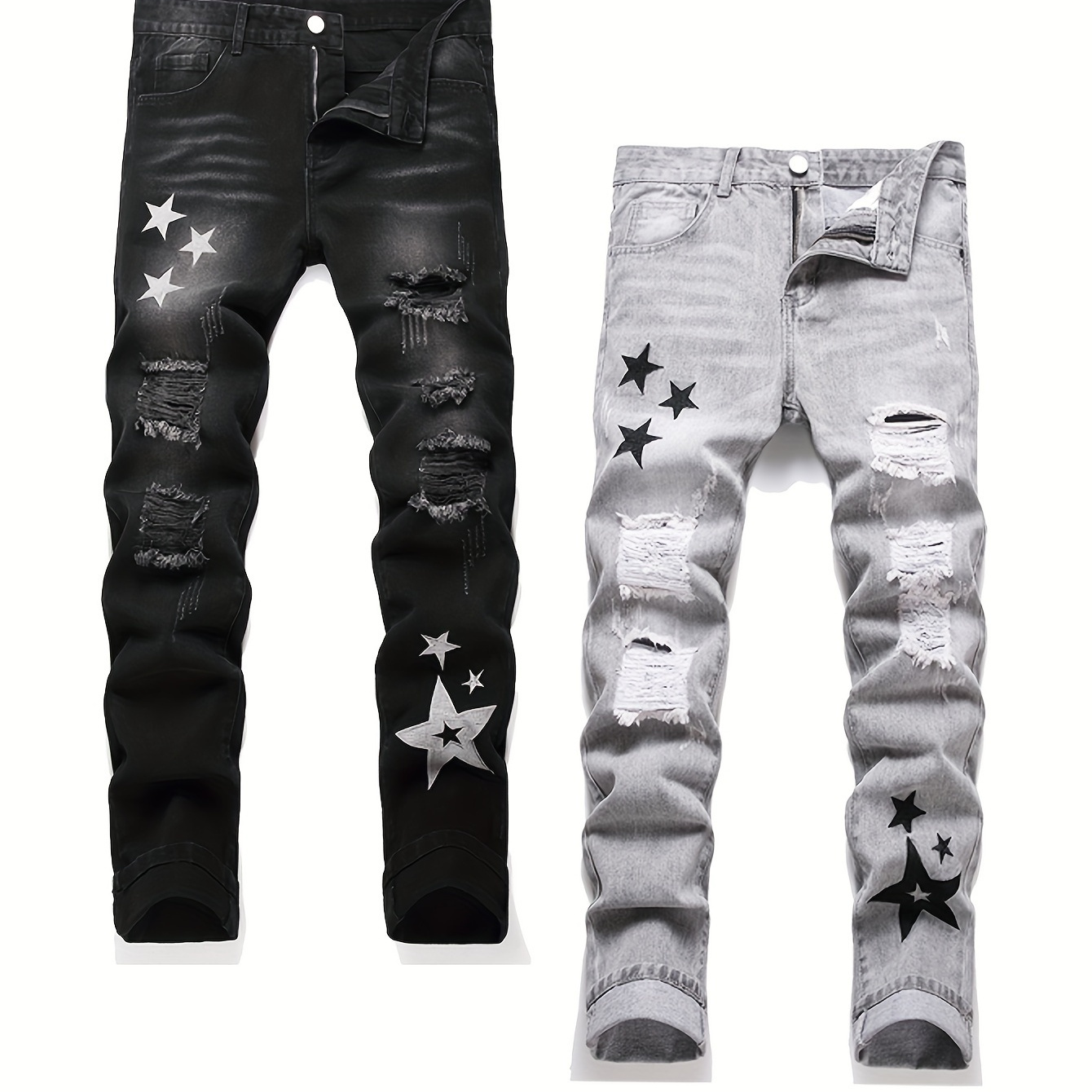 

Two-pack Men's Star-shaped Embroidered Slim Jeans Black & Gray Fashionable Casual Men's Pants Distressed Ripped Skinny Jeans Men'-pack Halloween Gifts