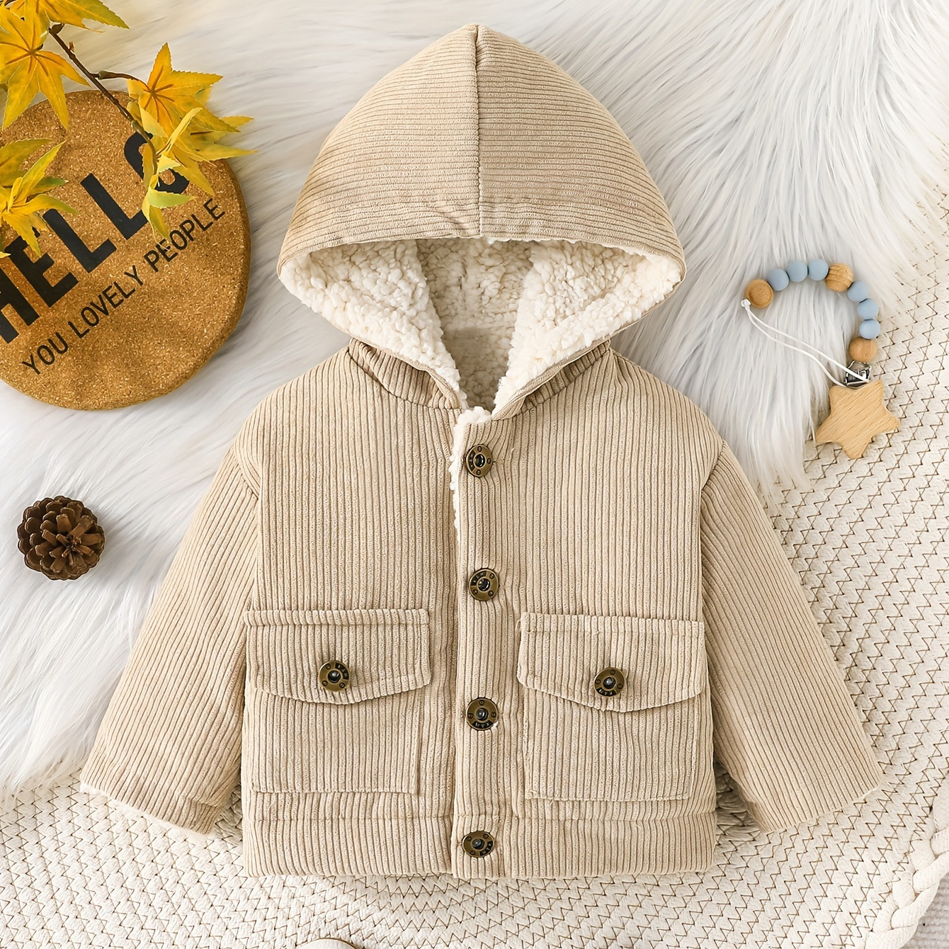 

Cozy Fleece-lined Hooded Jacket For - Long Sleeve, Button-up Outerwear For Fall/winter