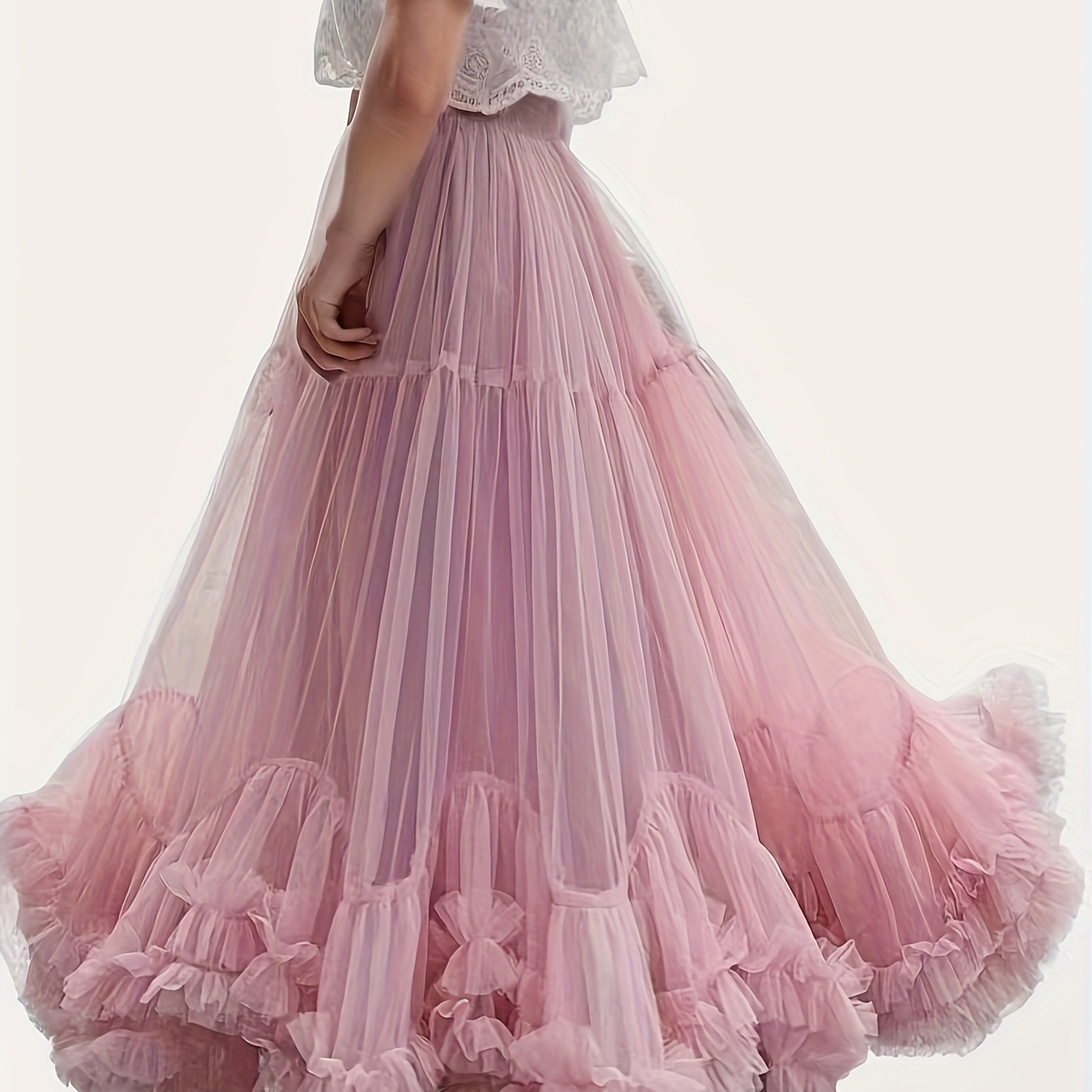 

Ruffle Hem High Waist Tulle Skirt, Elegant Waistband Ankle Length A-line Skirt For , Women's Clothing