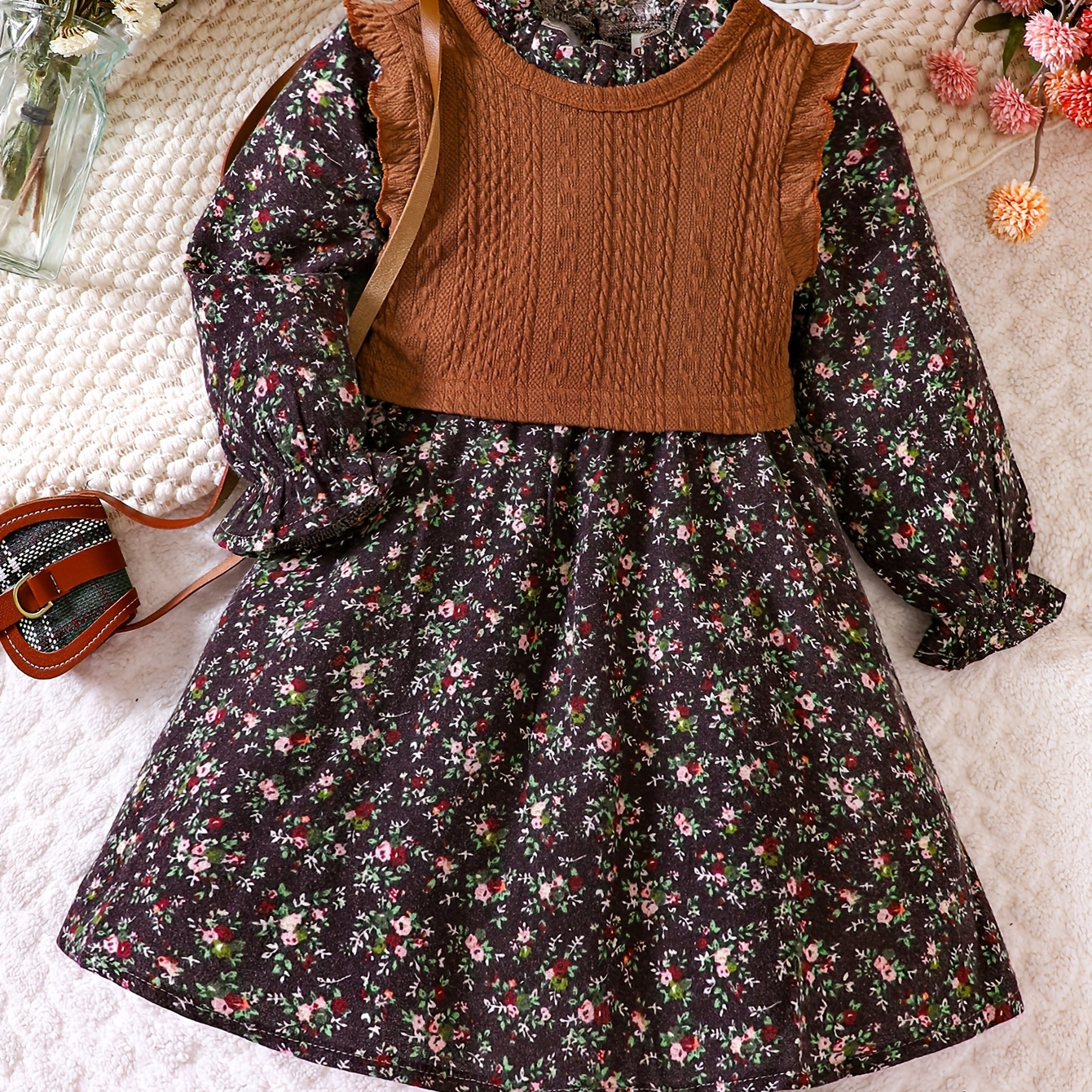 

Girl's Floral Pattern Outfit 2pcs, Long Sleeve Dress & Knitted Vest Set, Kid's Clothes For Spring Autumn