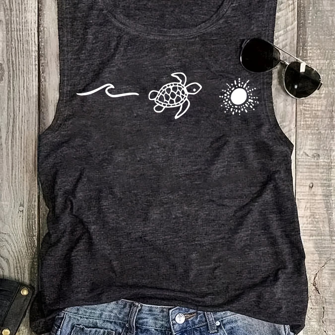 

Turtle Graphic Print Tank Top, Sleeveless Casual Top For Summer & Spring, Women's Clothing