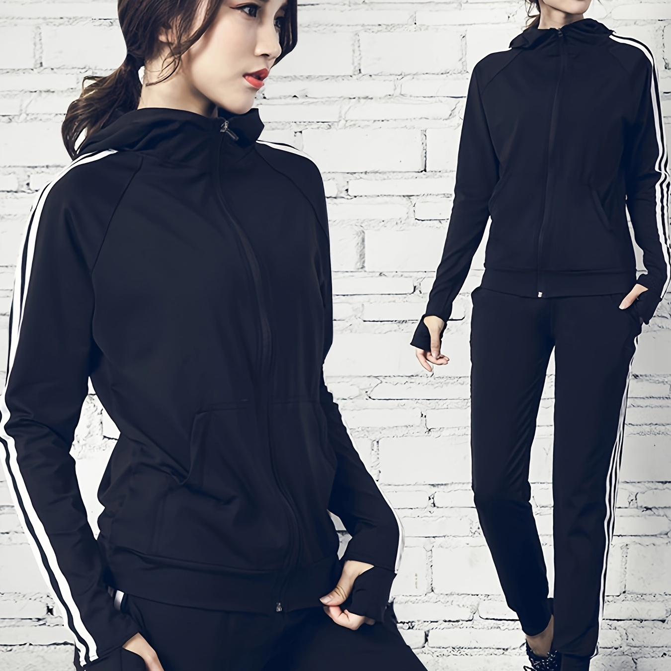 

A Set Of Women's Sportswear For Morning Jogging, Consisting Of A Top And Bottom, Including A Shirt And A Quick-drying Hooded Jacket For Fitness.