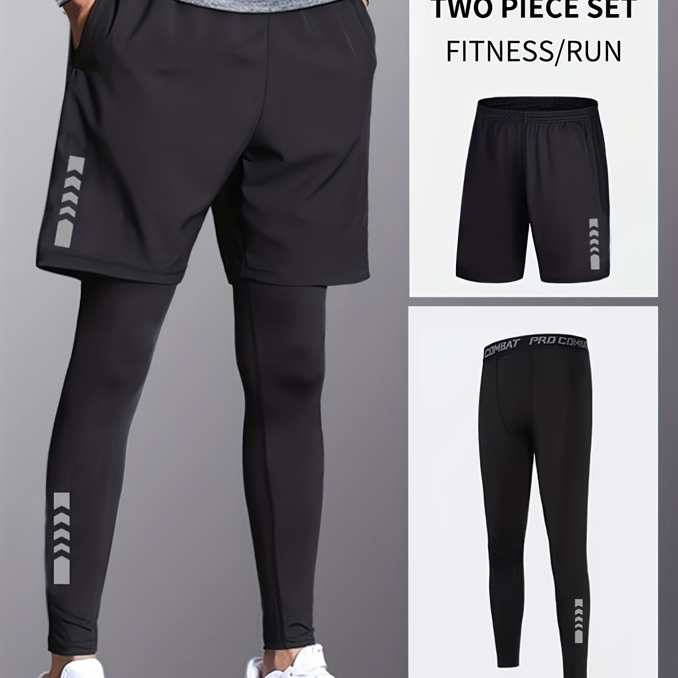 

2pcs Sportswear, Men's Solid High Stretch Breathable Leggings & Loose Shorts For Outdoor Running Cycling Basketball Training Fitness