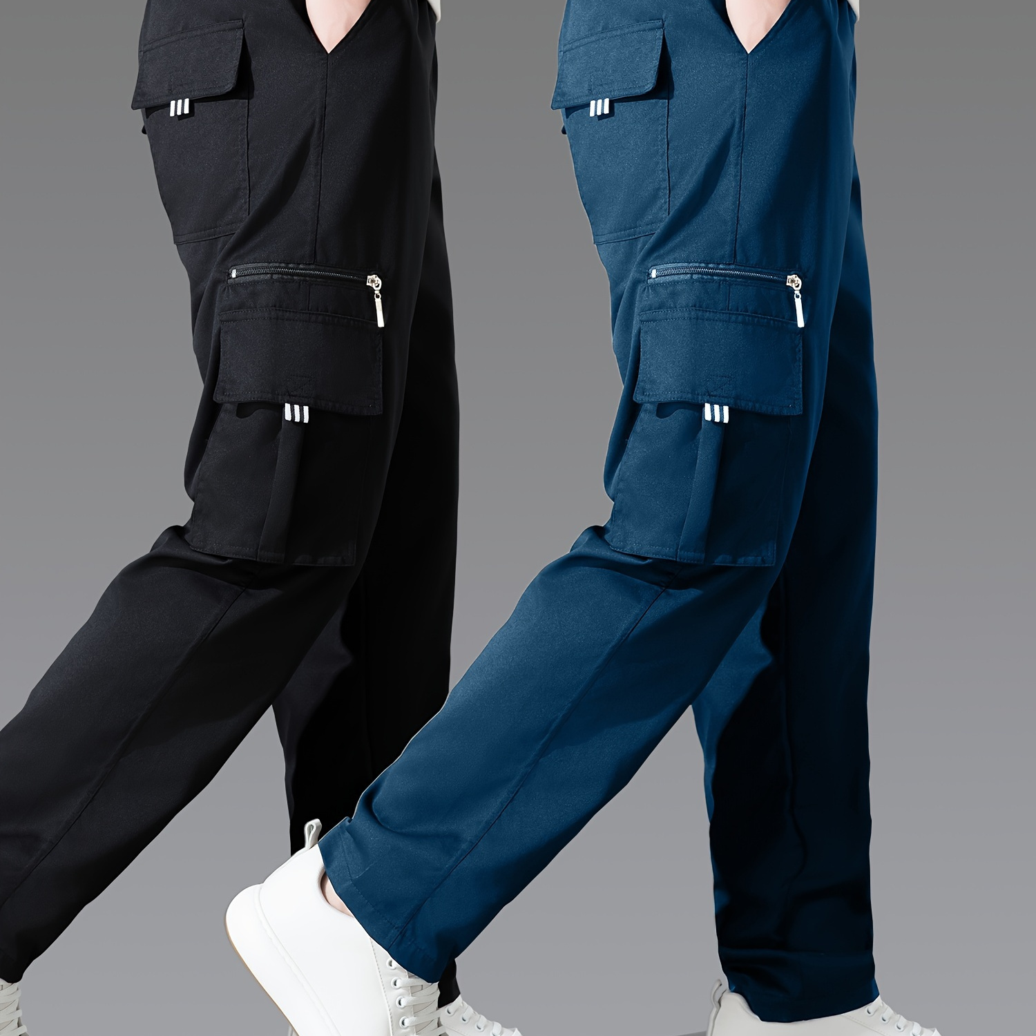 

2-pack Men's Casual Cargo Pants, Multi-pocket Loose Fit Straight-leg Work Trousers, Sports Style Polyester Non-stretch Solid Color, Regular Length With Pockets, Woven Fabric