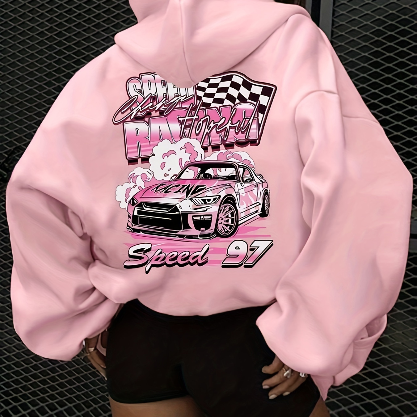 

Women's Pink Graphic Hoodie - "" Car & , Casual Polyester Sweatshirt With Drawstring Hood For Fall & Winter, Machine Washable, Car Hoodie